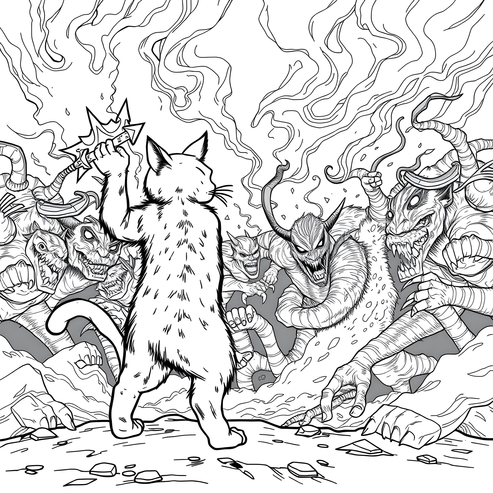 Cat facing fearsome monsters in a surreal world Coloring Page (free black-and-white line drawing printable PDF for all, from beginners to advanced learners, including children, teens, adults, and seniors)