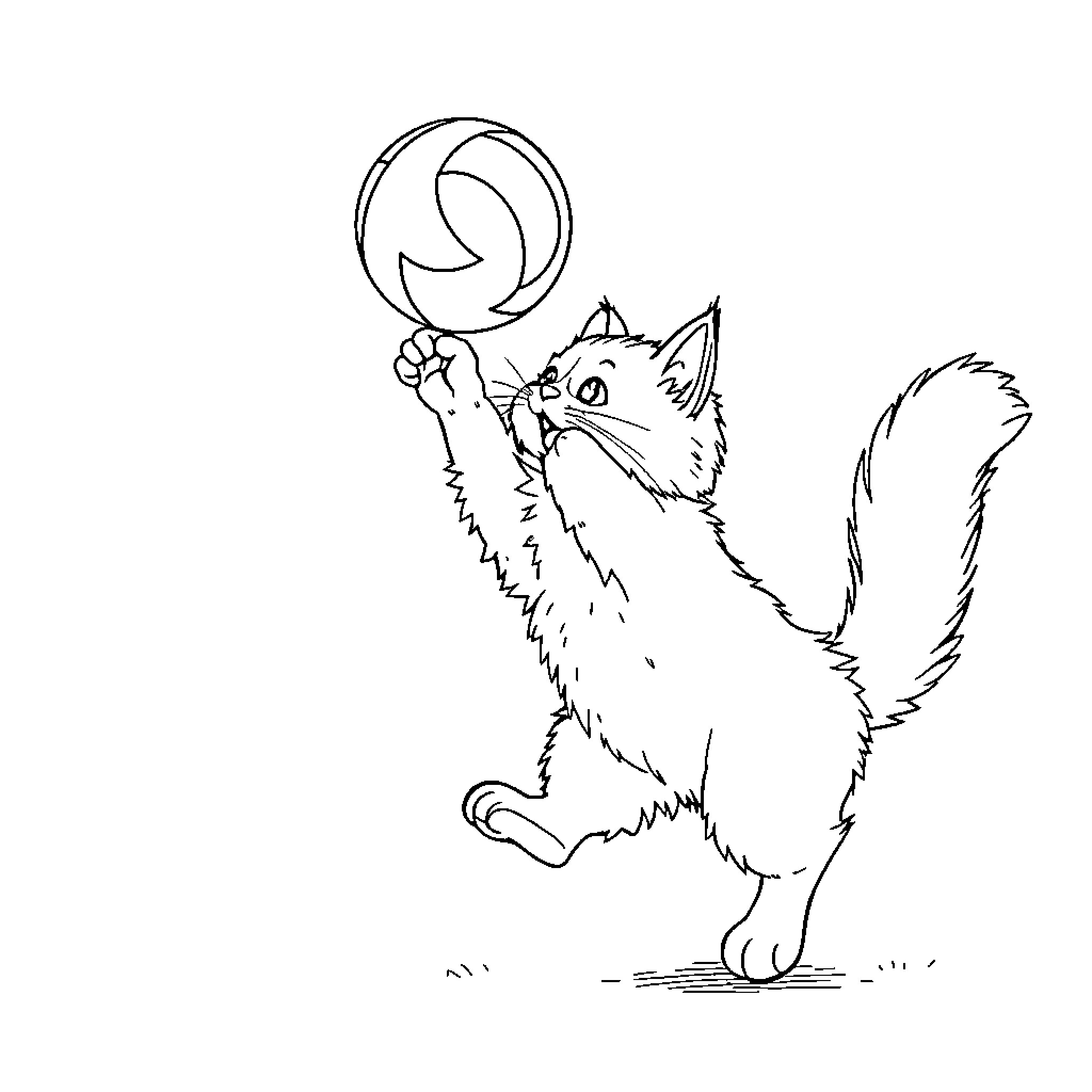 Cat playing with ball of yarn Coloring Page (free black-and-white line drawing printable PDF for all, from beginners to advanced learners, including children, teens, adults, and seniors)