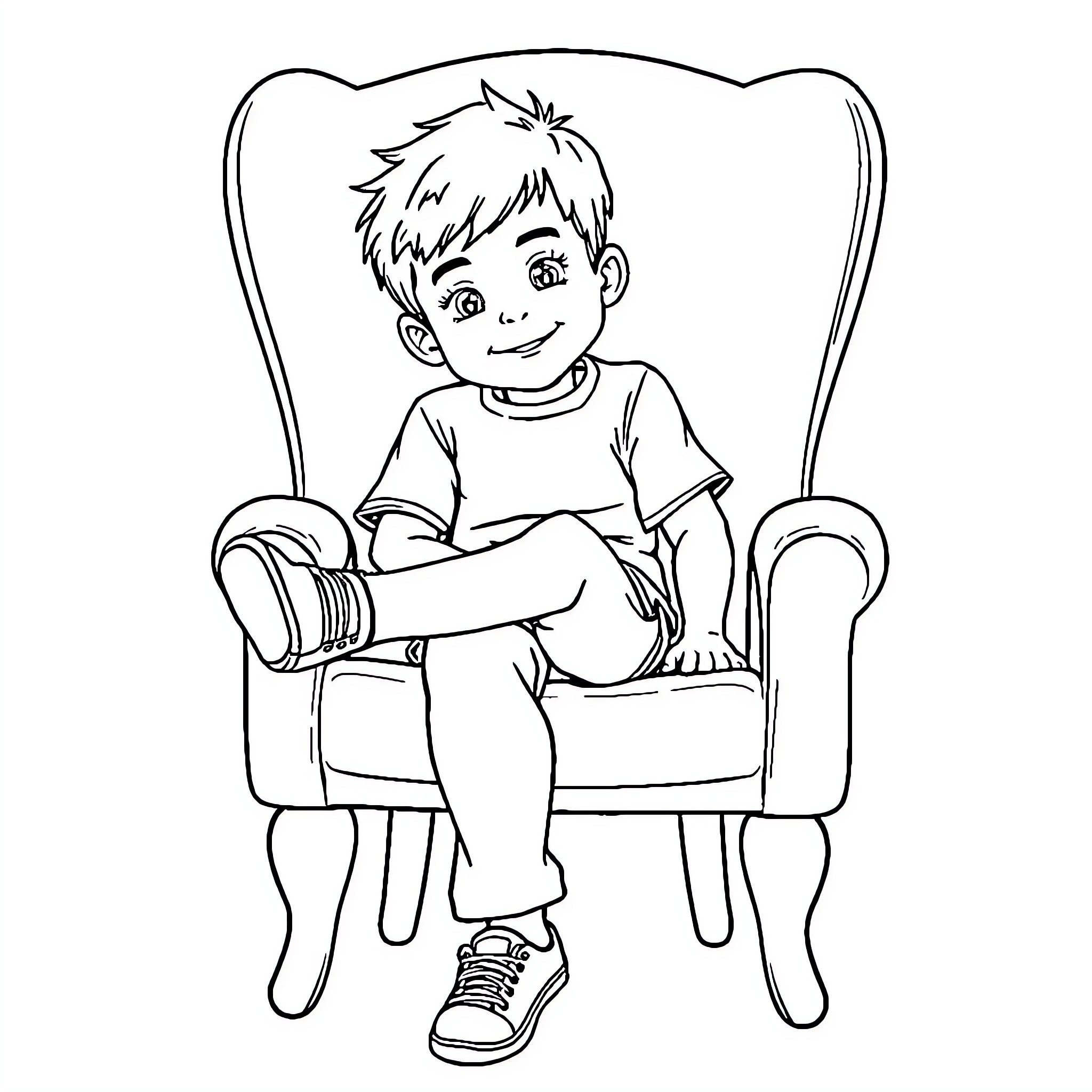 Boy sitting happily in armchair Coloring Page (free black-and-white line drawing printable PDF for all, from beginners to advanced learners, including children, teens, adults, and seniors)