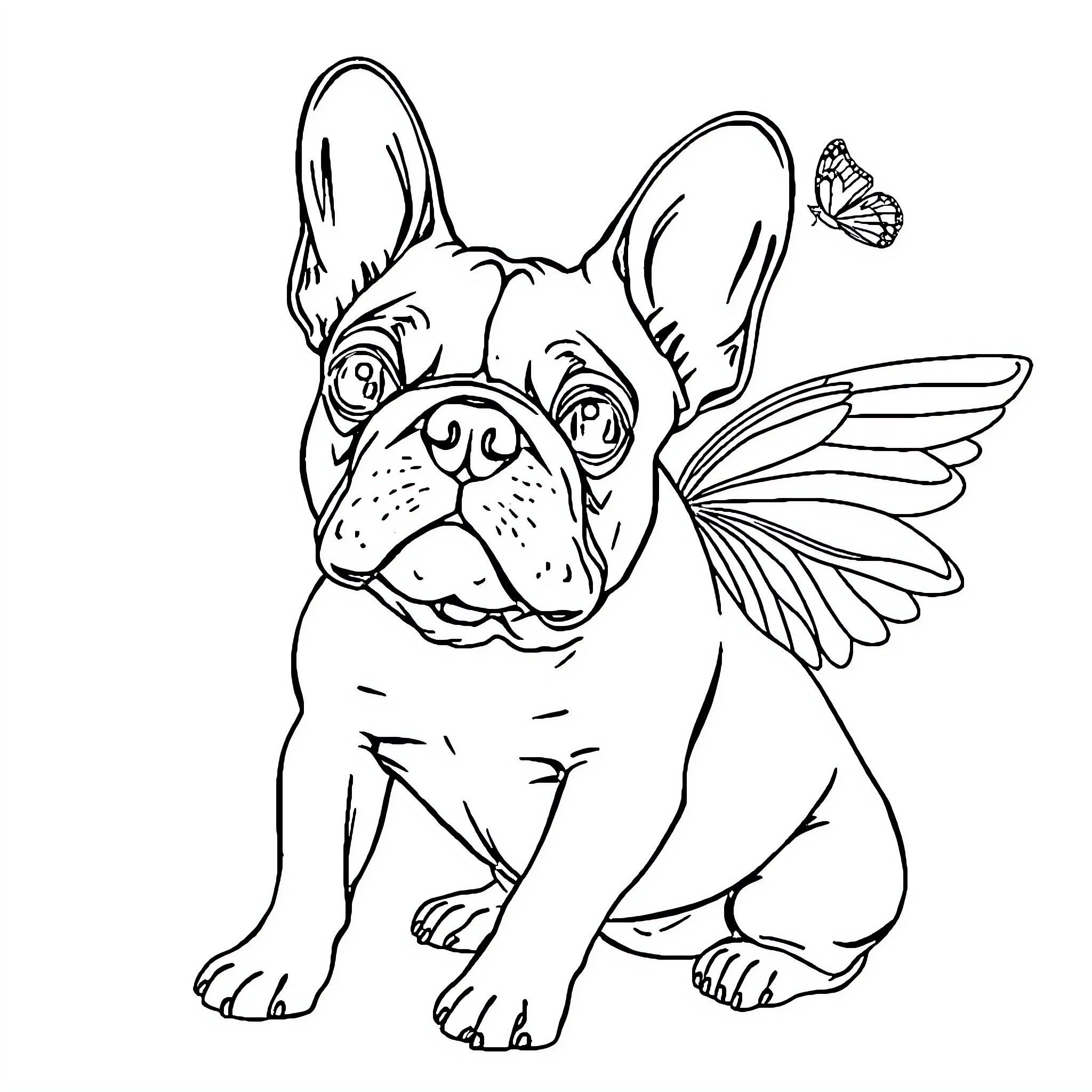 French Bulldog with Butterfly Adorned Coloring Page (free black-and-white line drawing printable PDF for all, from beginners to advanced learners, including children, teens, adults, and seniors)