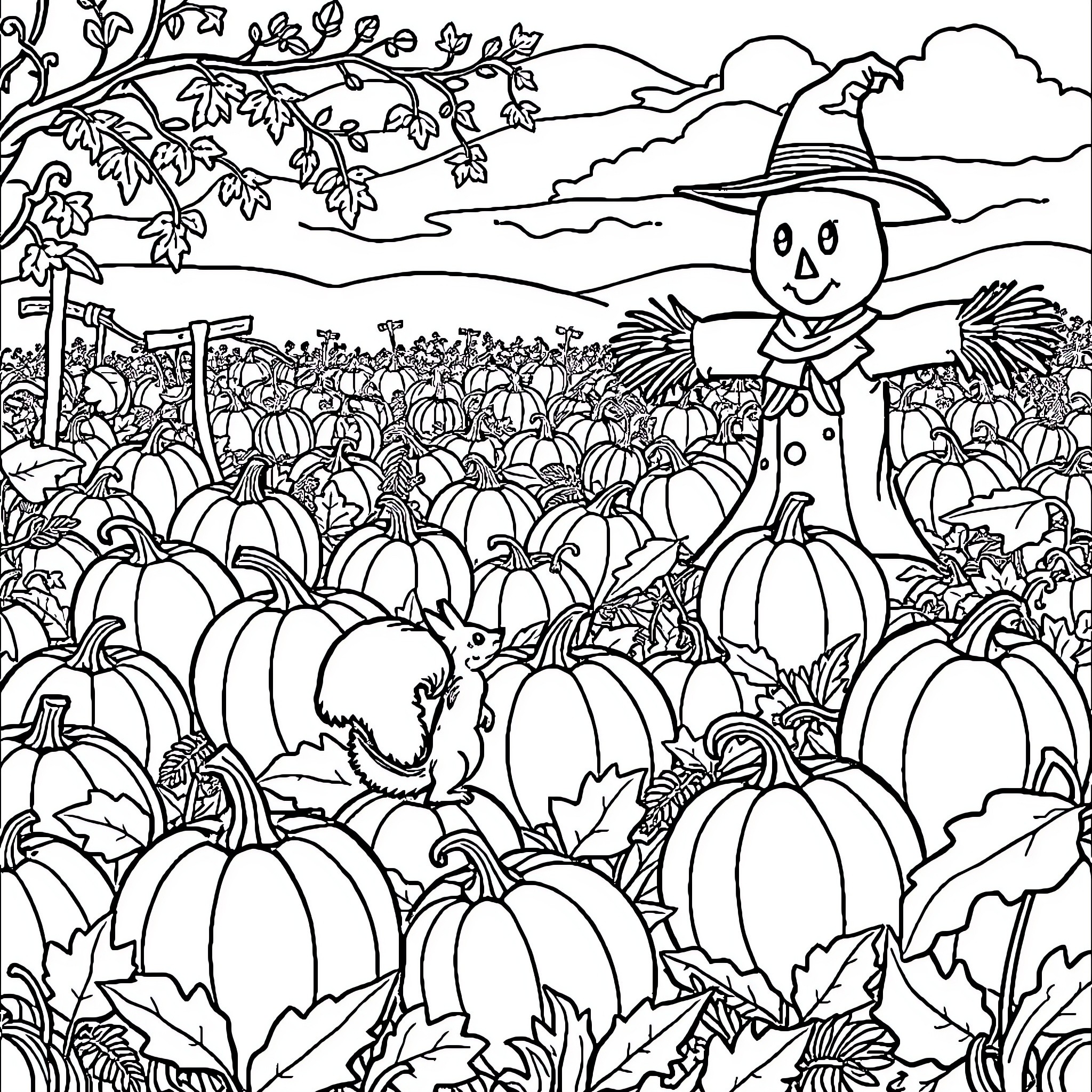 Pumpkin patch with scarecrow and fall foliage Coloring Page (free black-and-white line drawing printable PDF for all, from beginners to advanced learners, including children, teens, adults, and seniors)