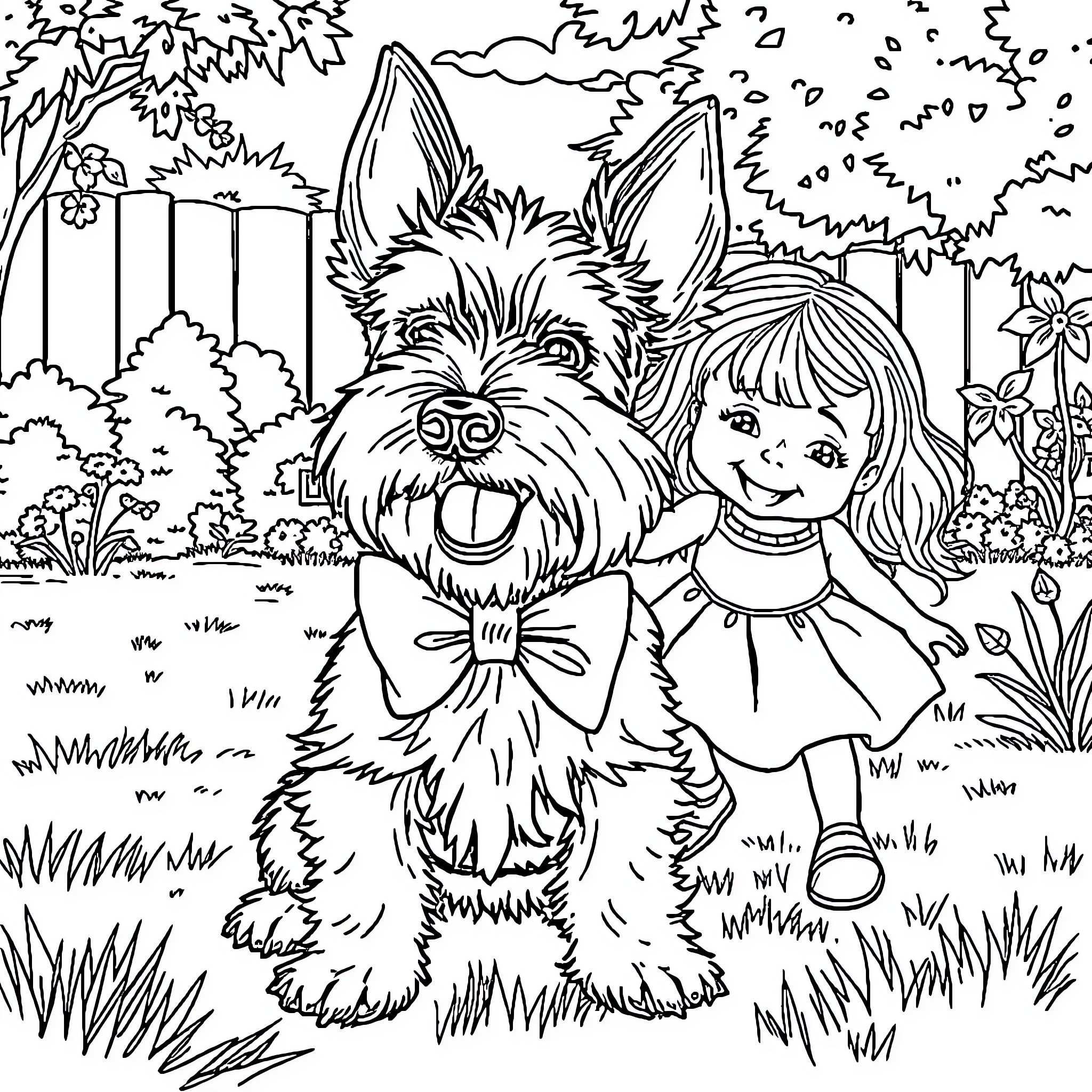 Schnauzer playing with a smiling girl in a garden Coloring Page (free black-and-white line drawing printable PDF for all, from beginners to advanced learners, including children, teens, adults, and seniors)