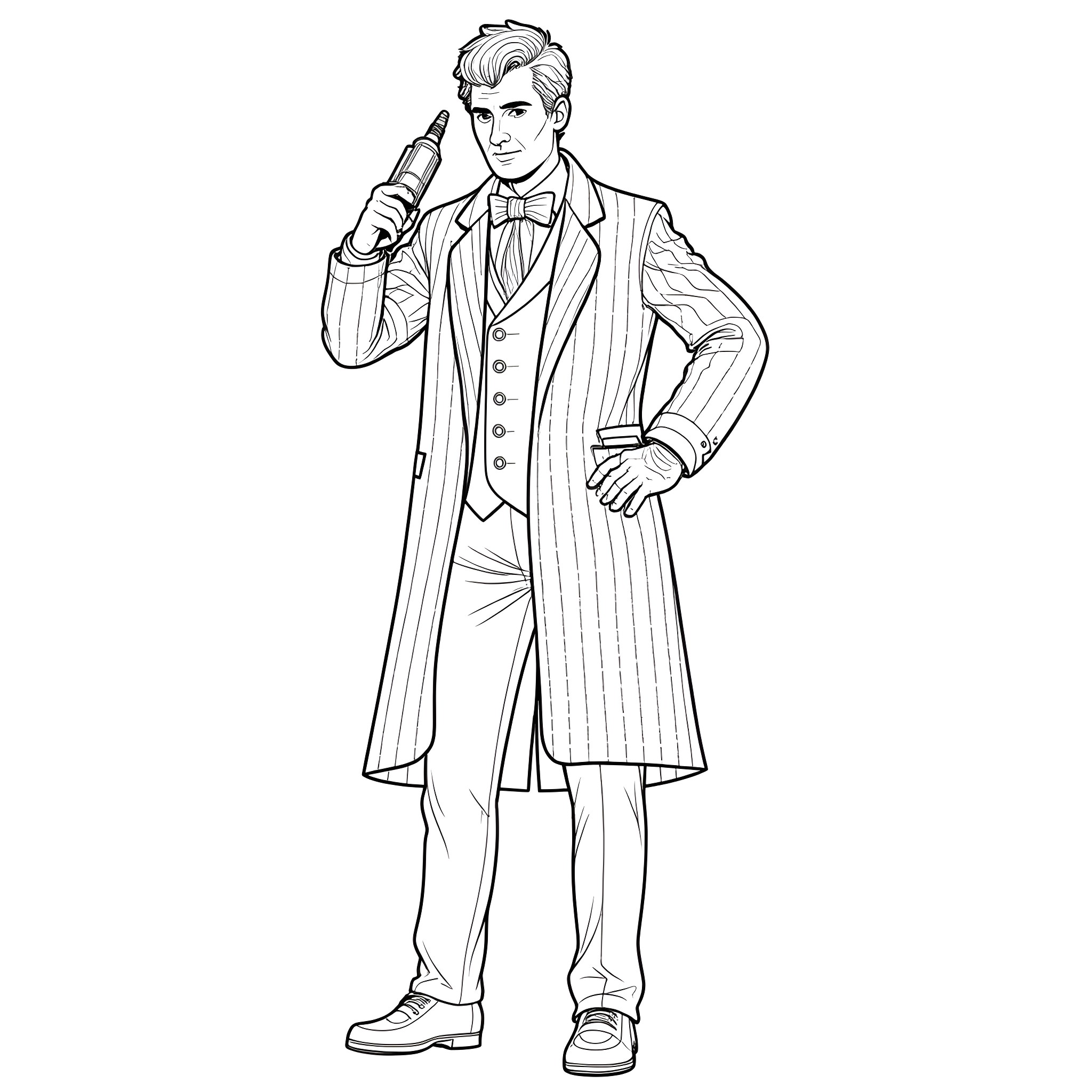 6th Doctor striking a confident pose in formal attire Coloring Page (free black-and-white line drawing printable PDF for all, from beginners to advanced learners, including children, teens, adults, and seniors)