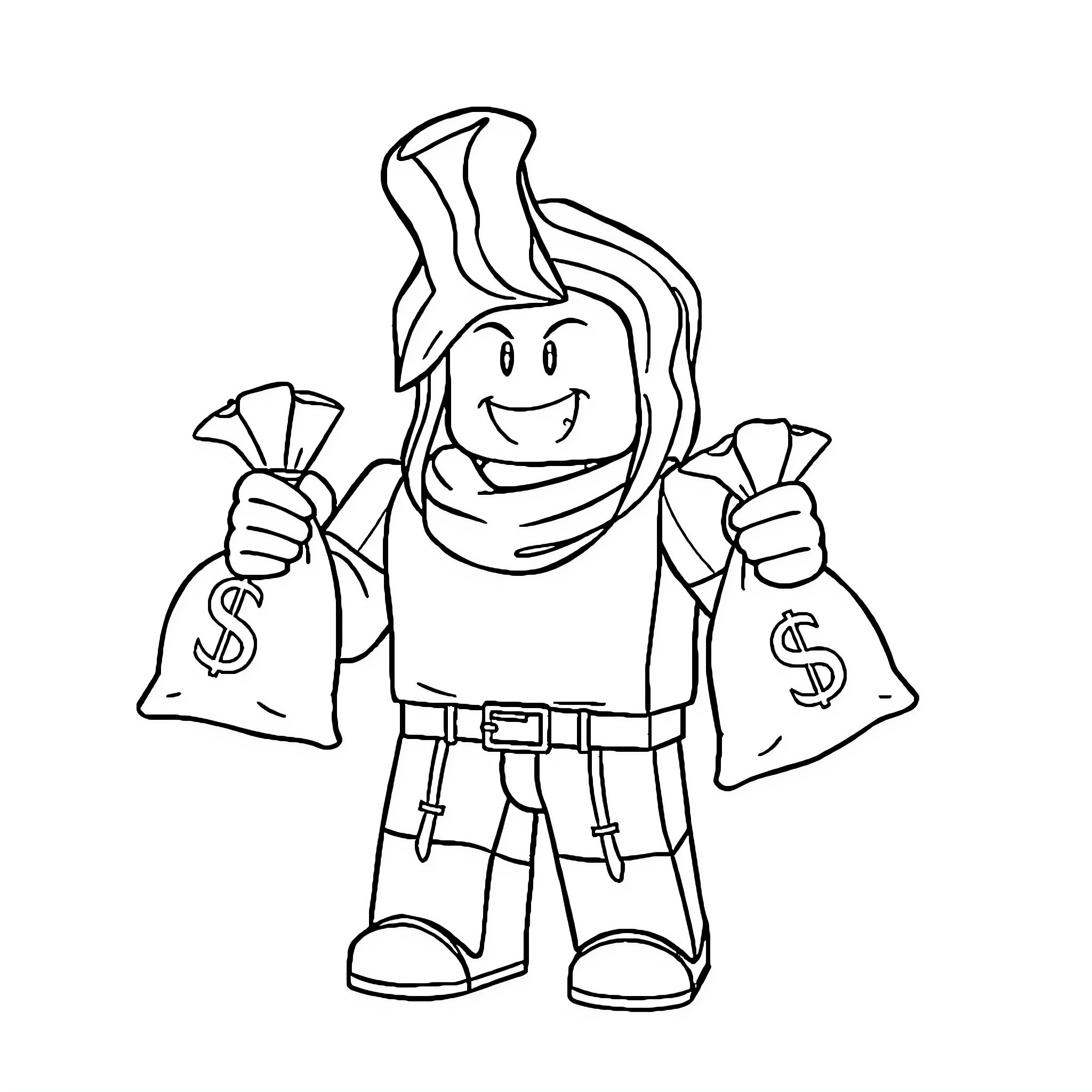 Roblox Bacon Character Holding Money Bags Coloring Page (free black-and-white line drawing printable PDF for all, from beginners to advanced learners, including children, teens, adults, and seniors)