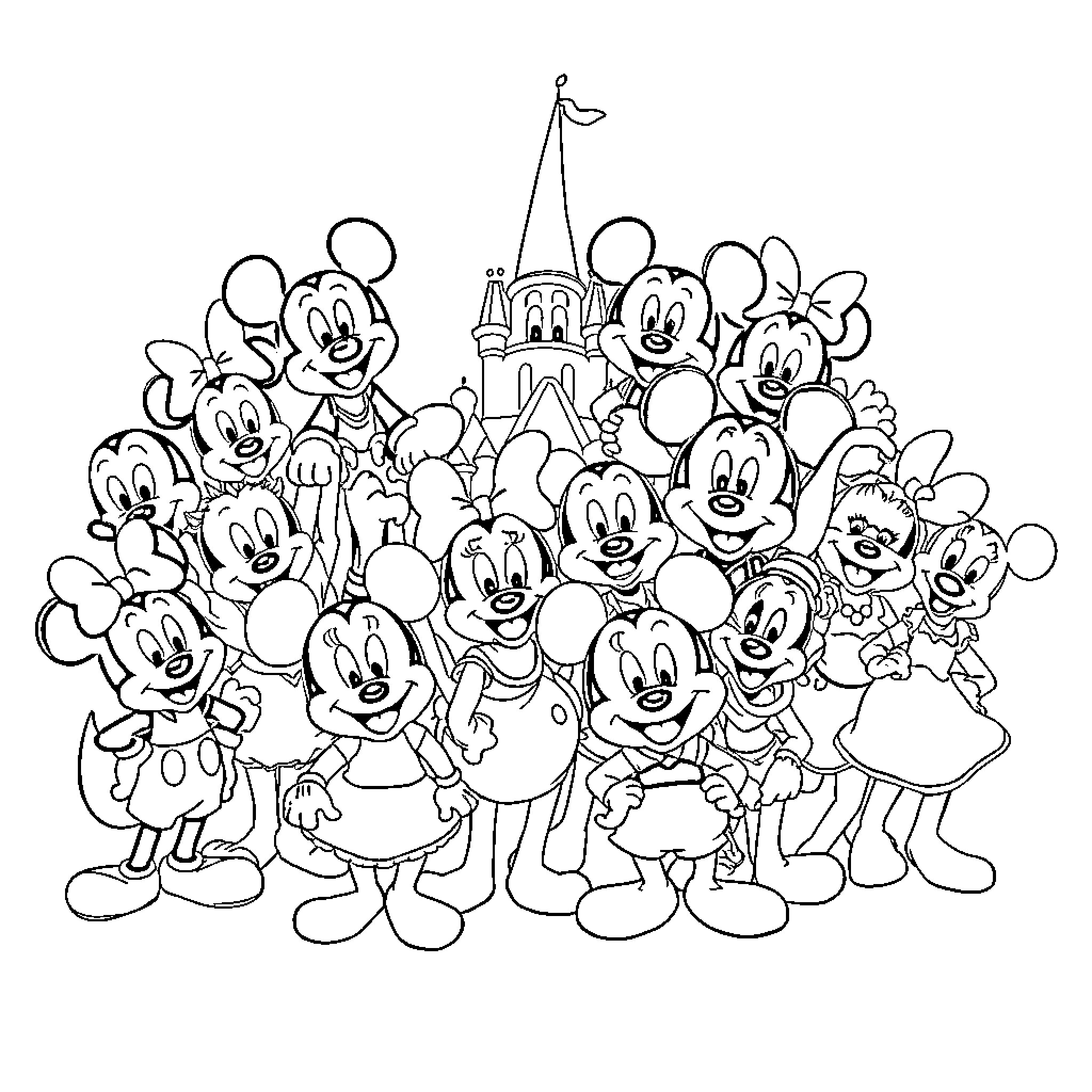 Disney Characters in a Joyful Group Gathering Coloring Page (free black-and-white line drawing printable PDF for all, from beginners to advanced learners, including children, teens, adults, and seniors)