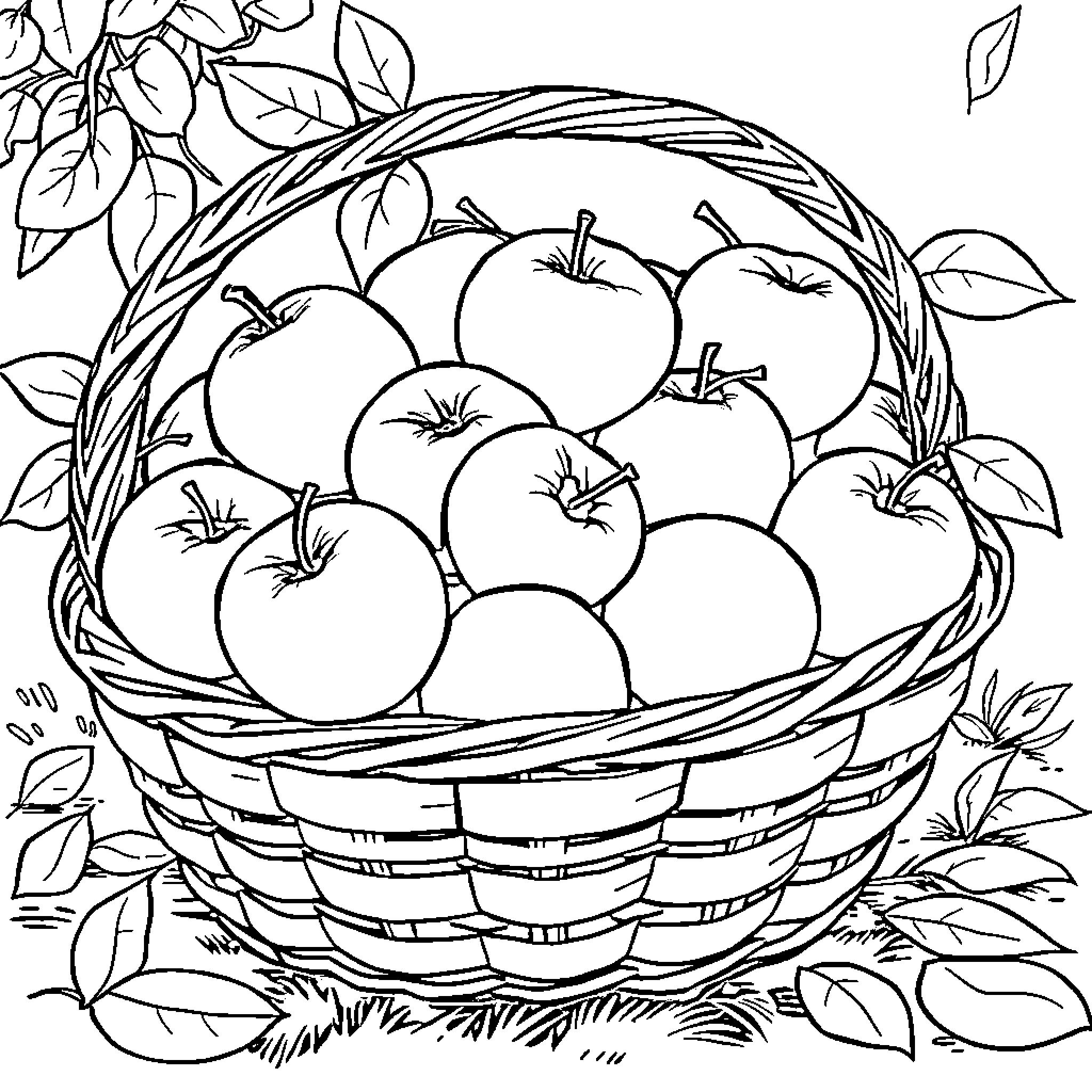 Apple Harvest in a Woven Basket Coloring Page (free black-and-white line drawing printable PDF for all, from beginners to advanced learners, including children, teens, adults, and seniors)