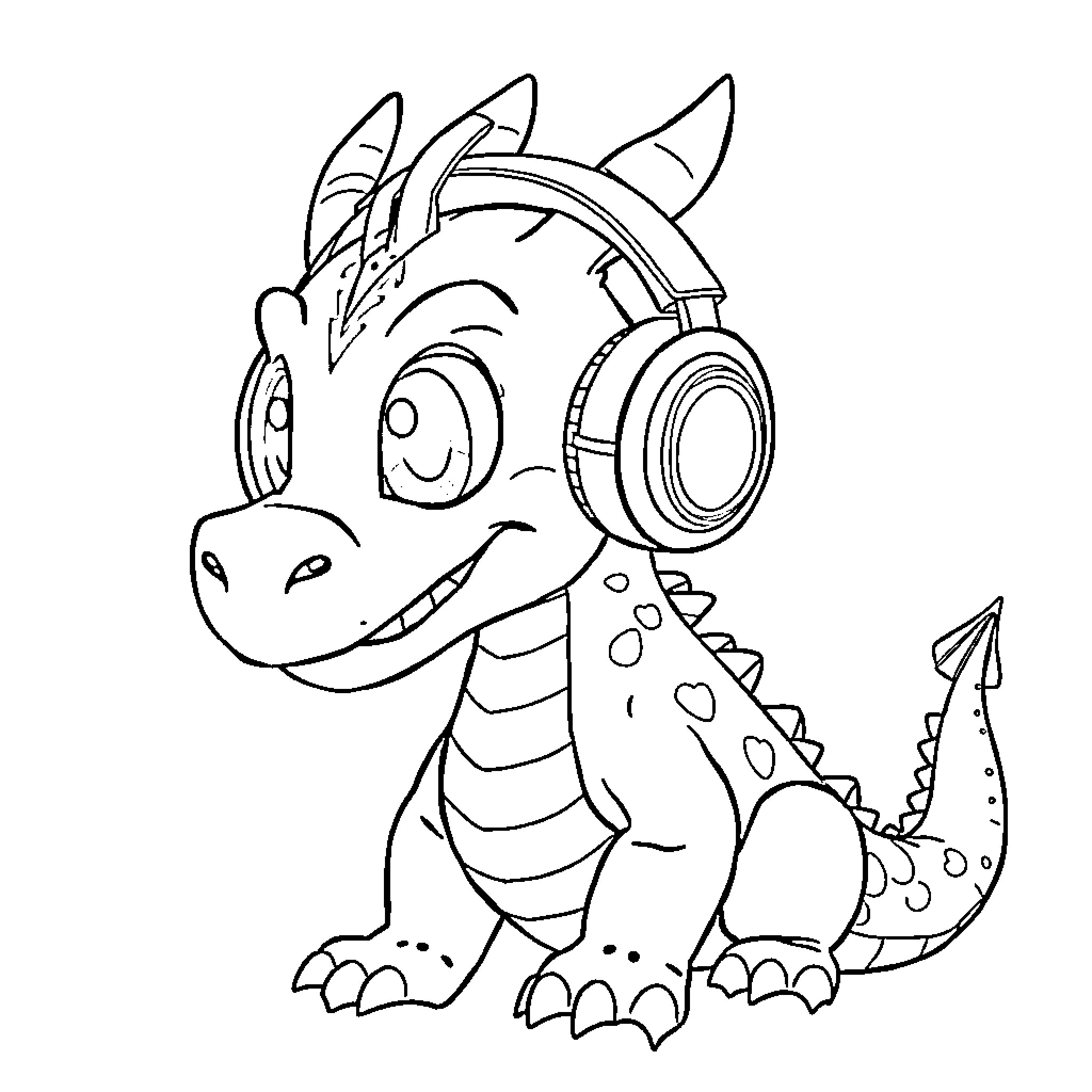 Dragon listening to music with headphones Coloring Page (free black-and-white line drawing printable PDF for all, from beginners to advanced learners, including children, teens, adults, and seniors)