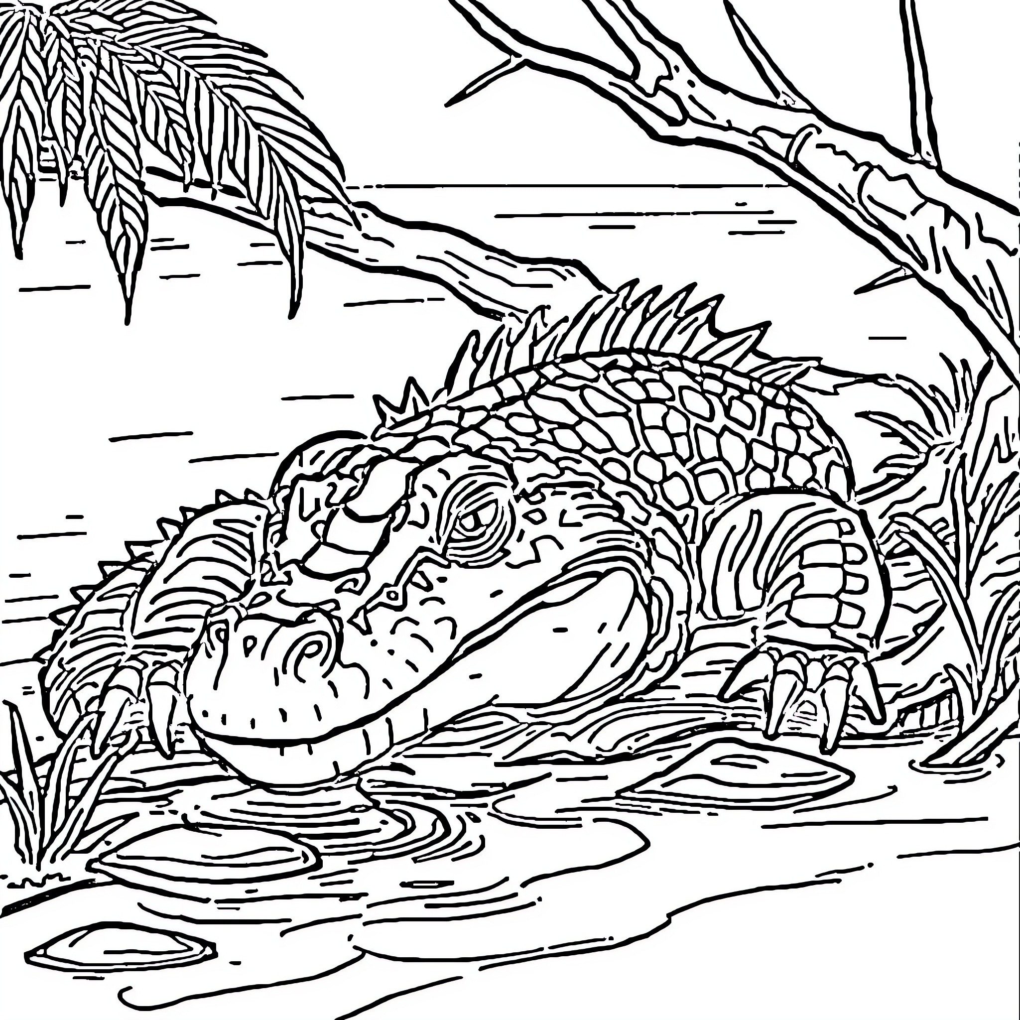 Crocodile in tropical river habitat Coloring Page (free black-and-white line drawing printable PDF for all, from beginners to advanced learners, including children, teens, adults, and seniors)