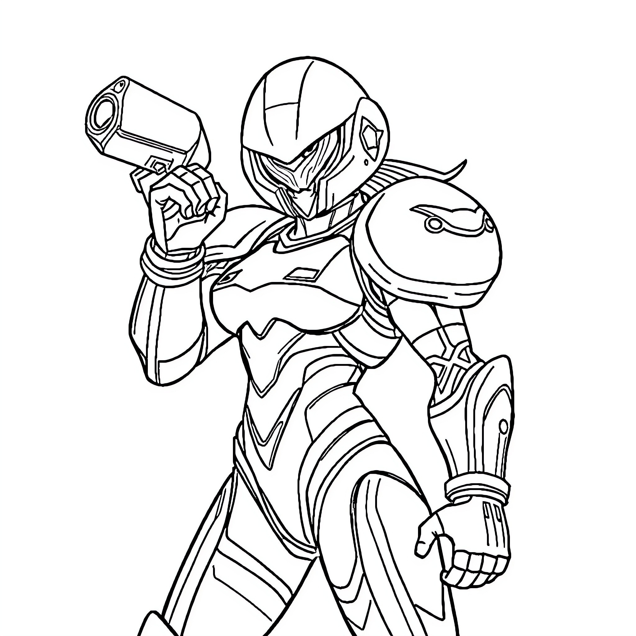 Samus Exploring Alien Environment with Futuristic Gear Coloring Page (free black-and-white line drawing printable PDF for all, from beginners to advanced learners, including children, teens, adults, and seniors)