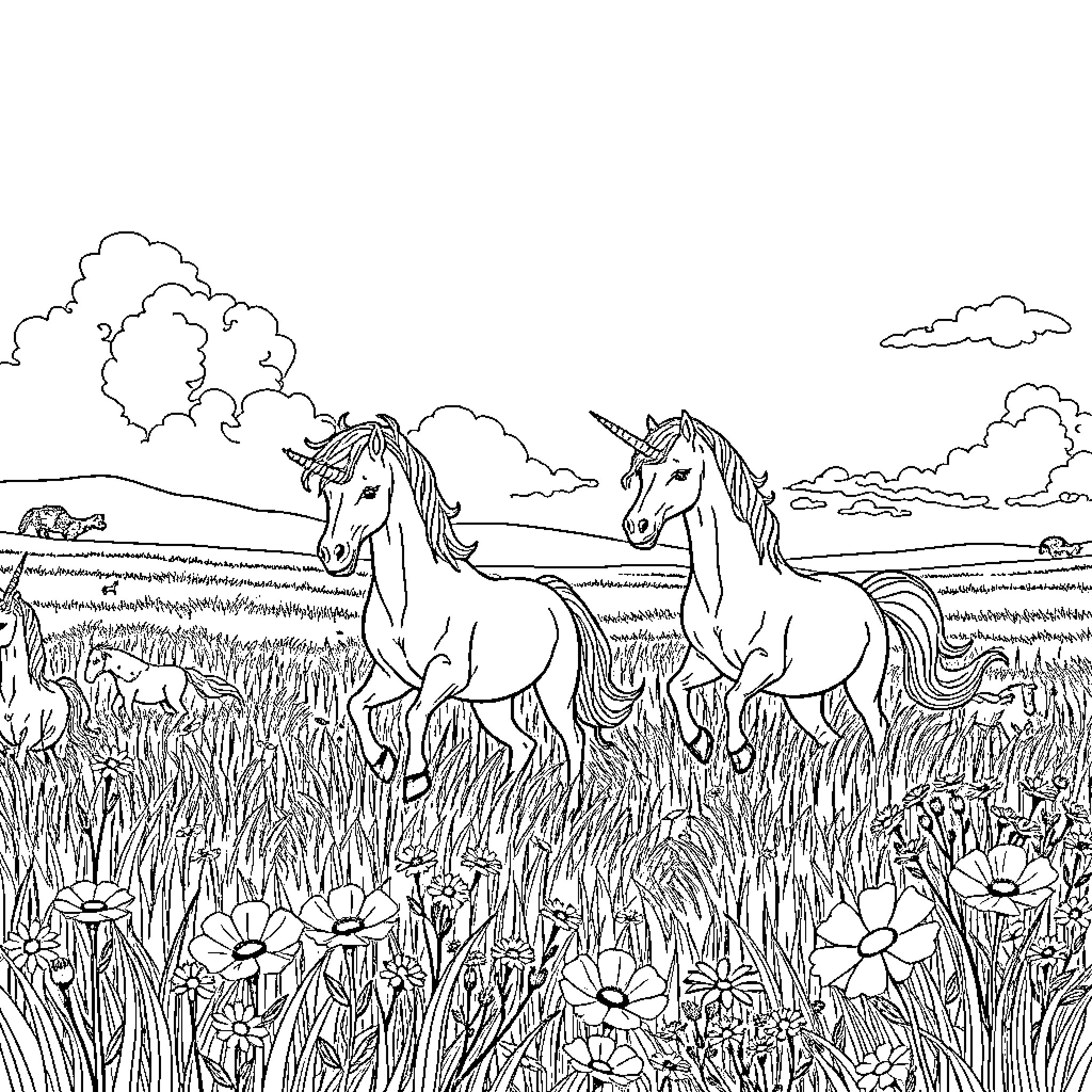 Unicorn Duo Galloping Through Enchanting Meadow Coloring Page (free black-and-white line drawing printable PDF for all, from beginners to advanced learners, including children, teens, adults, and seniors)