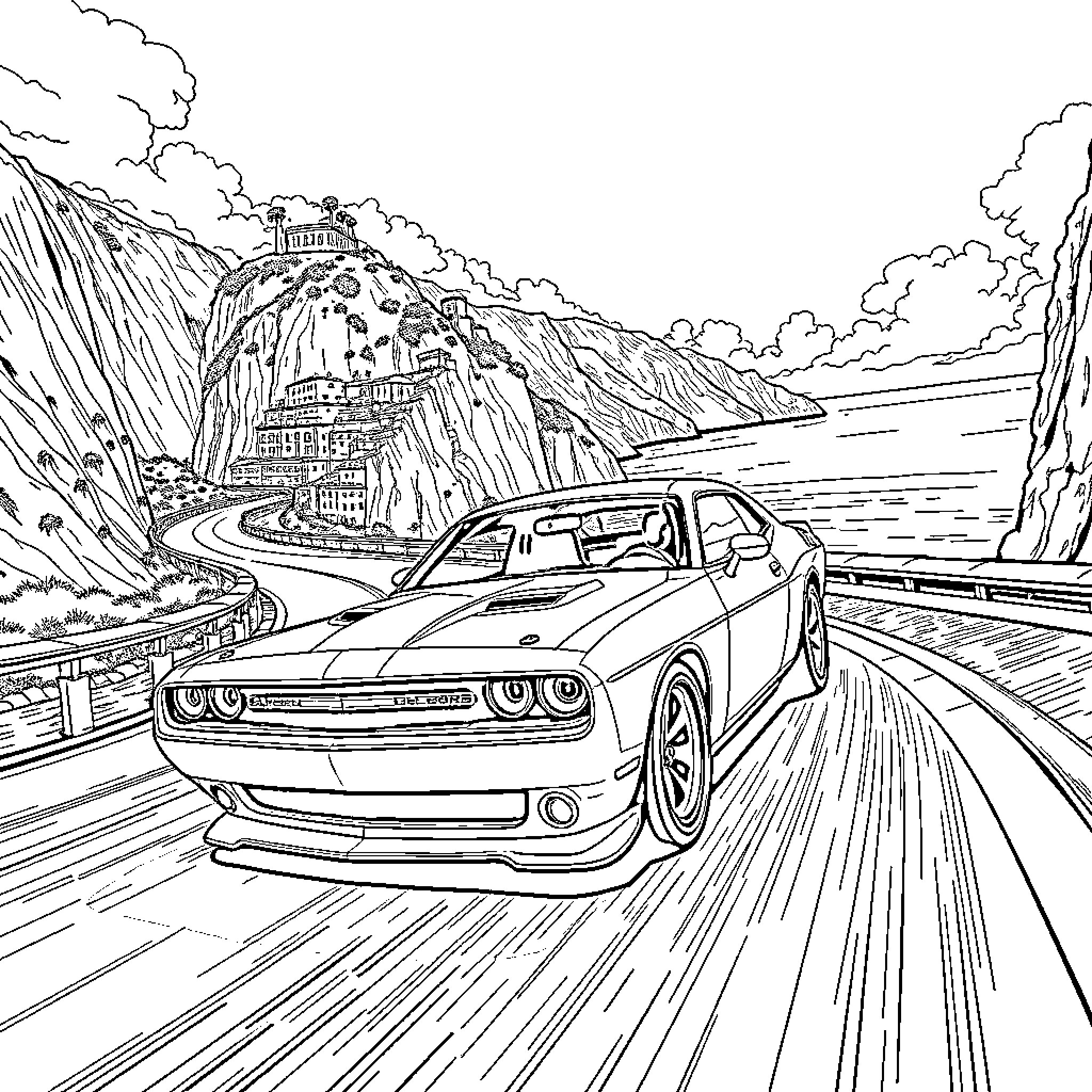 Musclecar speeding through dramatic mountain scenery Coloring Page (free black-and-white line drawing printable PDF for all, from beginners to advanced learners, including children, teens, adults, and seniors)
