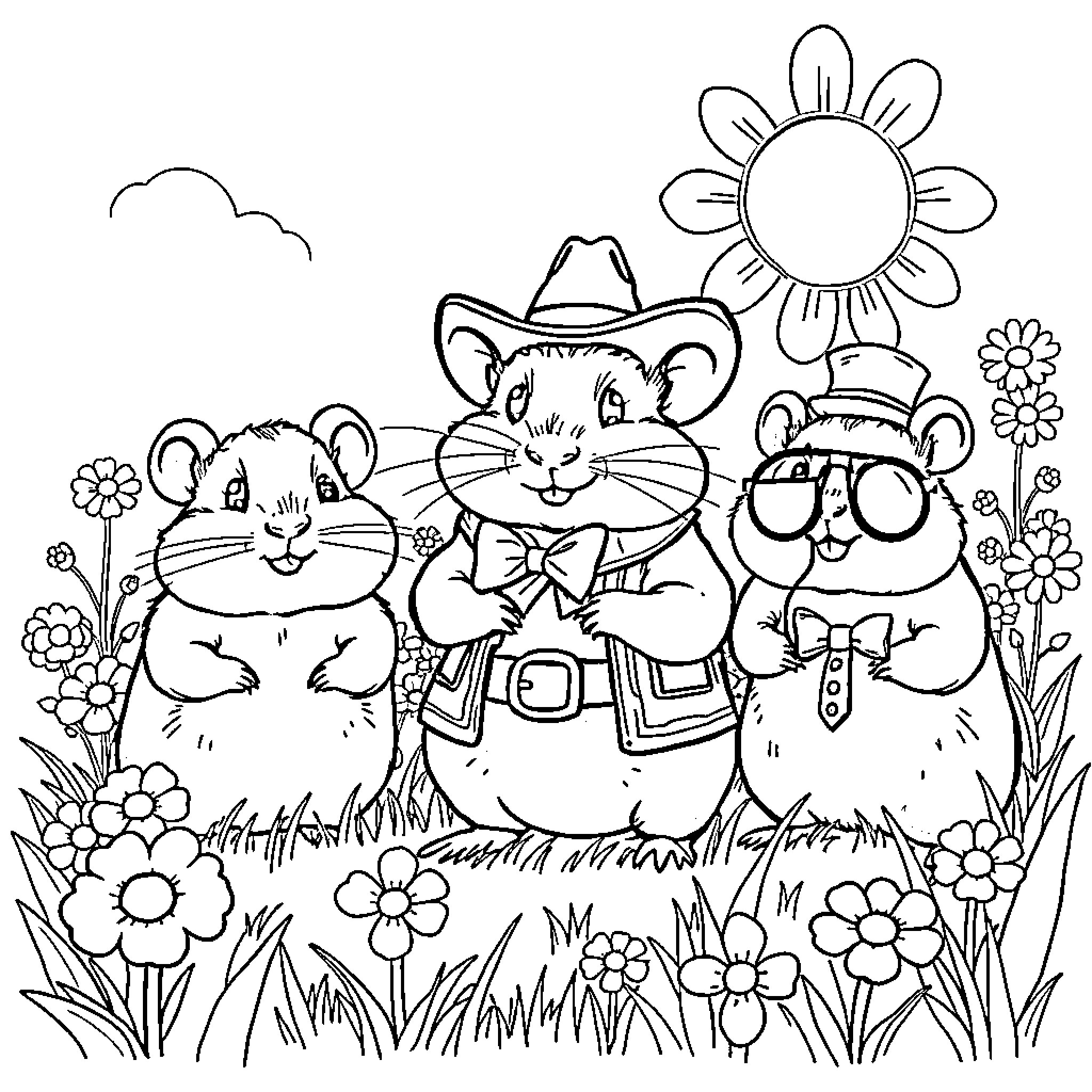 Billy and the Cheerful Hamster Friends Coloring Page (free black-and-white line drawing printable PDF for all, from beginners to advanced learners, including children, teens, adults, and seniors)