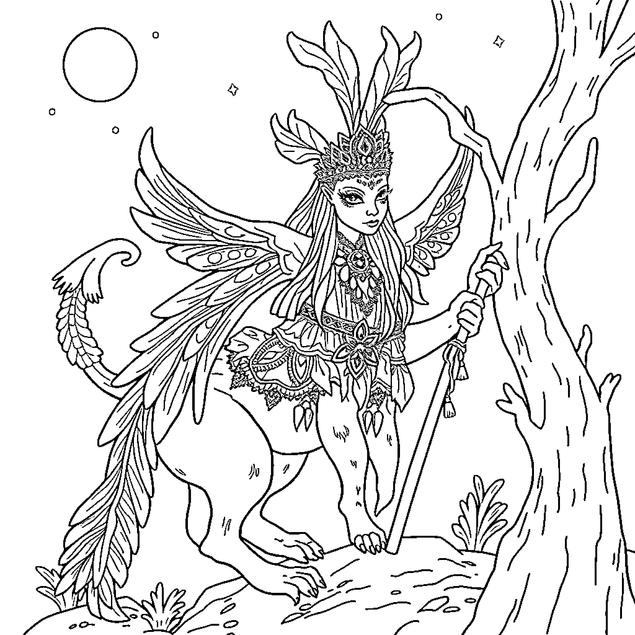 Tlahuelpuchi - Winged Creature in Ceremonial Attire Coloring Page (free black-and-white line drawing printable PDF for all, from beginners to advanced learners, including children, teens, adults, and seniors)