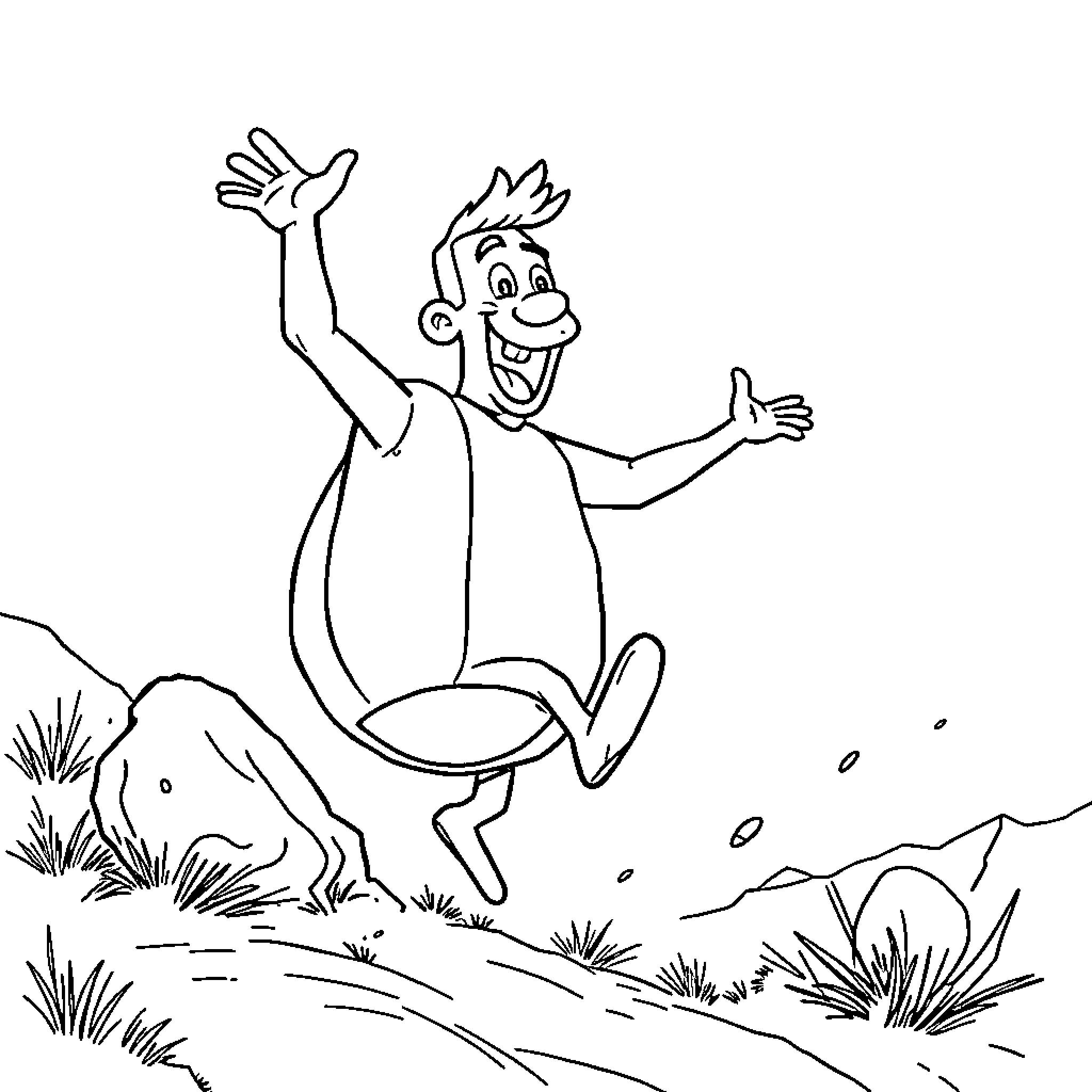 Dancing Guy Joyfully Jumping in a Grassy Field Coloring Page (free black-and-white line drawing printable PDF for all, from beginners to advanced learners, including children, teens, adults, and seniors)