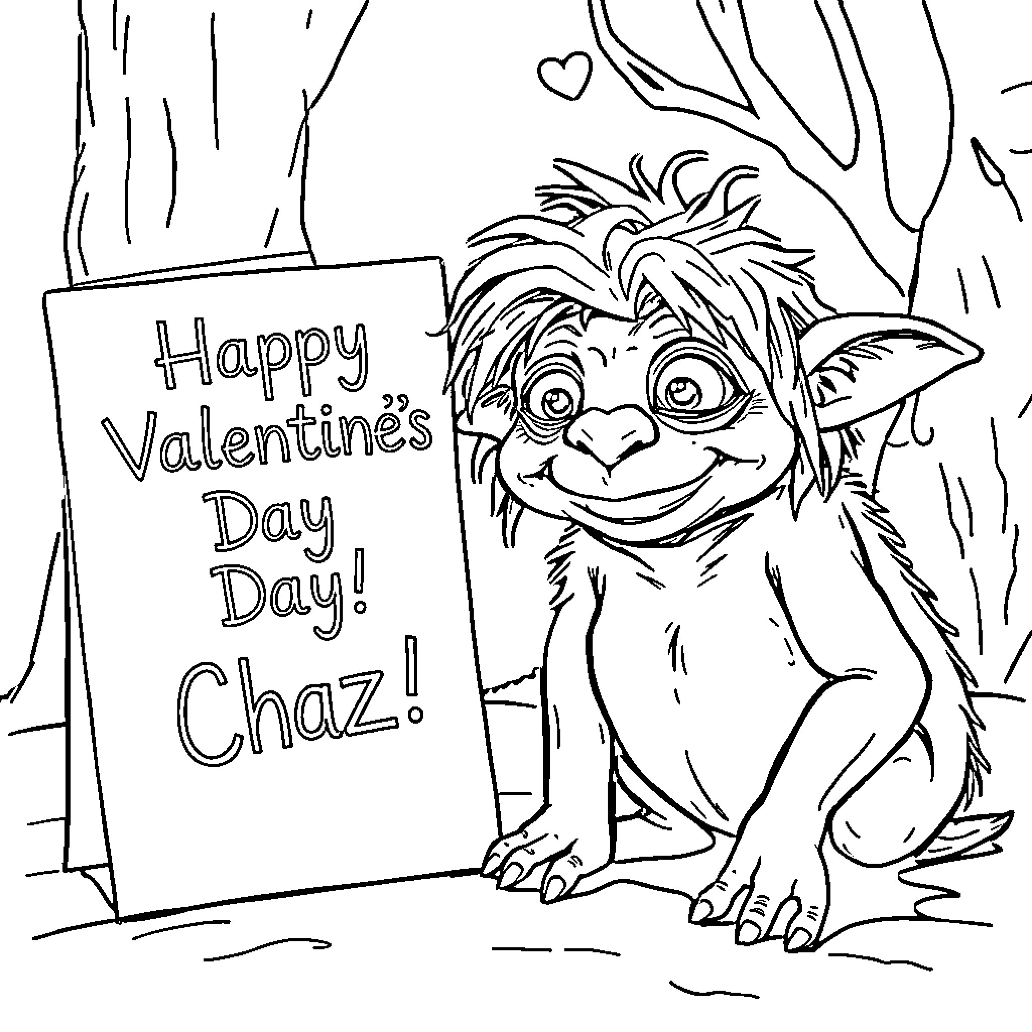 Gollum's happy Valentine's Day greeting Coloring Page (free black-and-white line drawing printable PDF for all, from beginners to advanced learners, including children, teens, adults, and seniors)