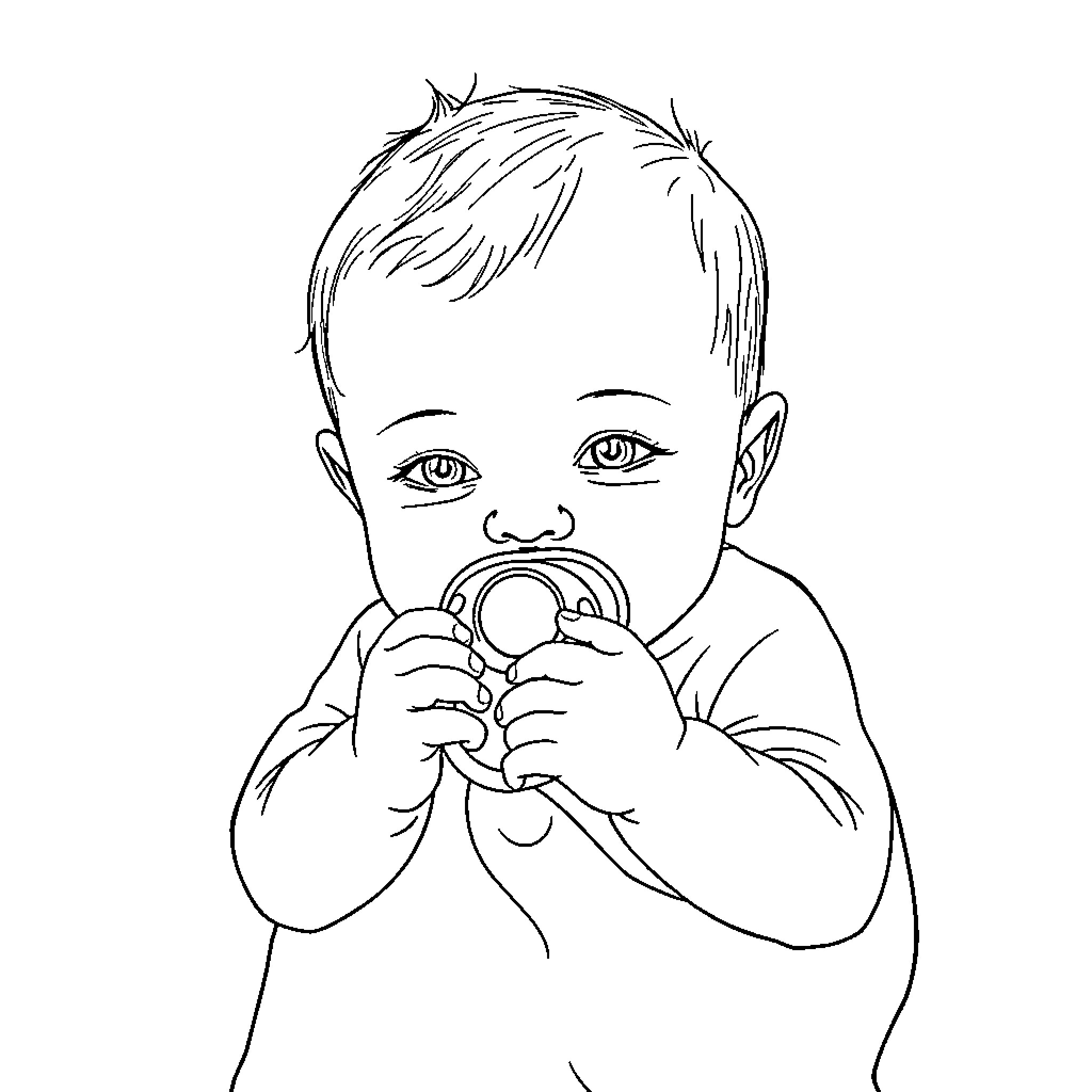Baby playing with pacifier happily Coloring Page (free black-and-white line drawing printable PDF for all, from beginners to advanced learners, including children, teens, adults, and seniors)