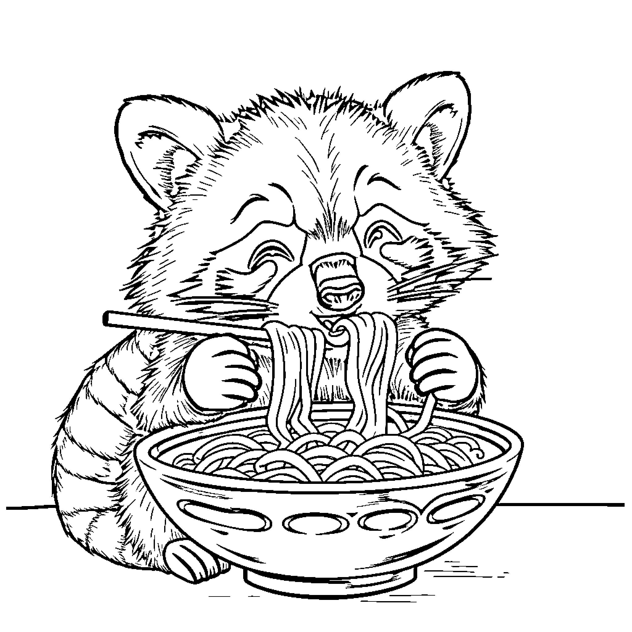 Raccoon Enjoying a Bowl of Noodles Coloring Page (free black-and-white line drawing printable PDF for all, from beginners to advanced learners, including children, teens, adults, and seniors)