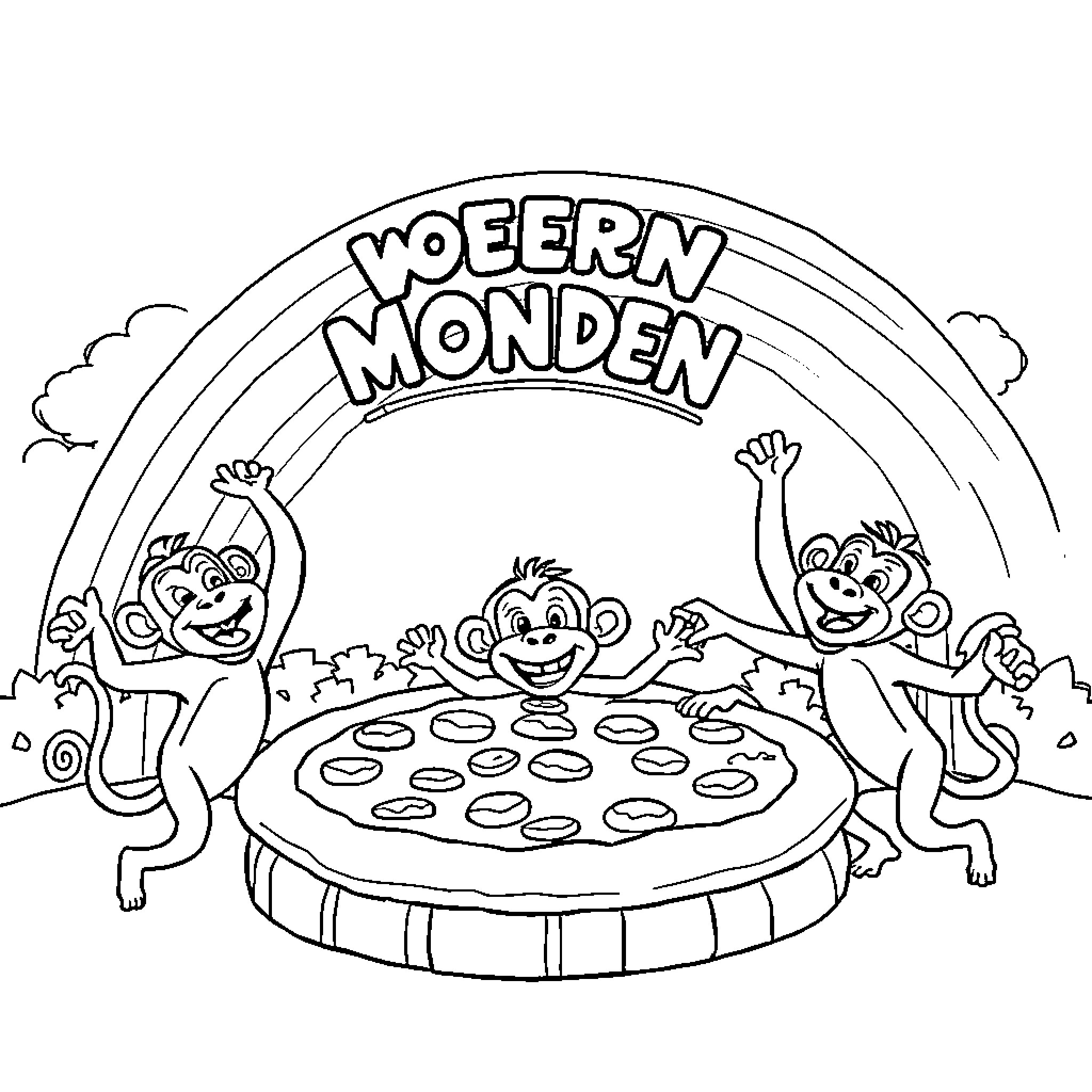 Monkey friends enjoying a pool party Coloring Page (free black-and-white line drawing printable PDF for all, from beginners to advanced learners, including children, teens, adults, and seniors)