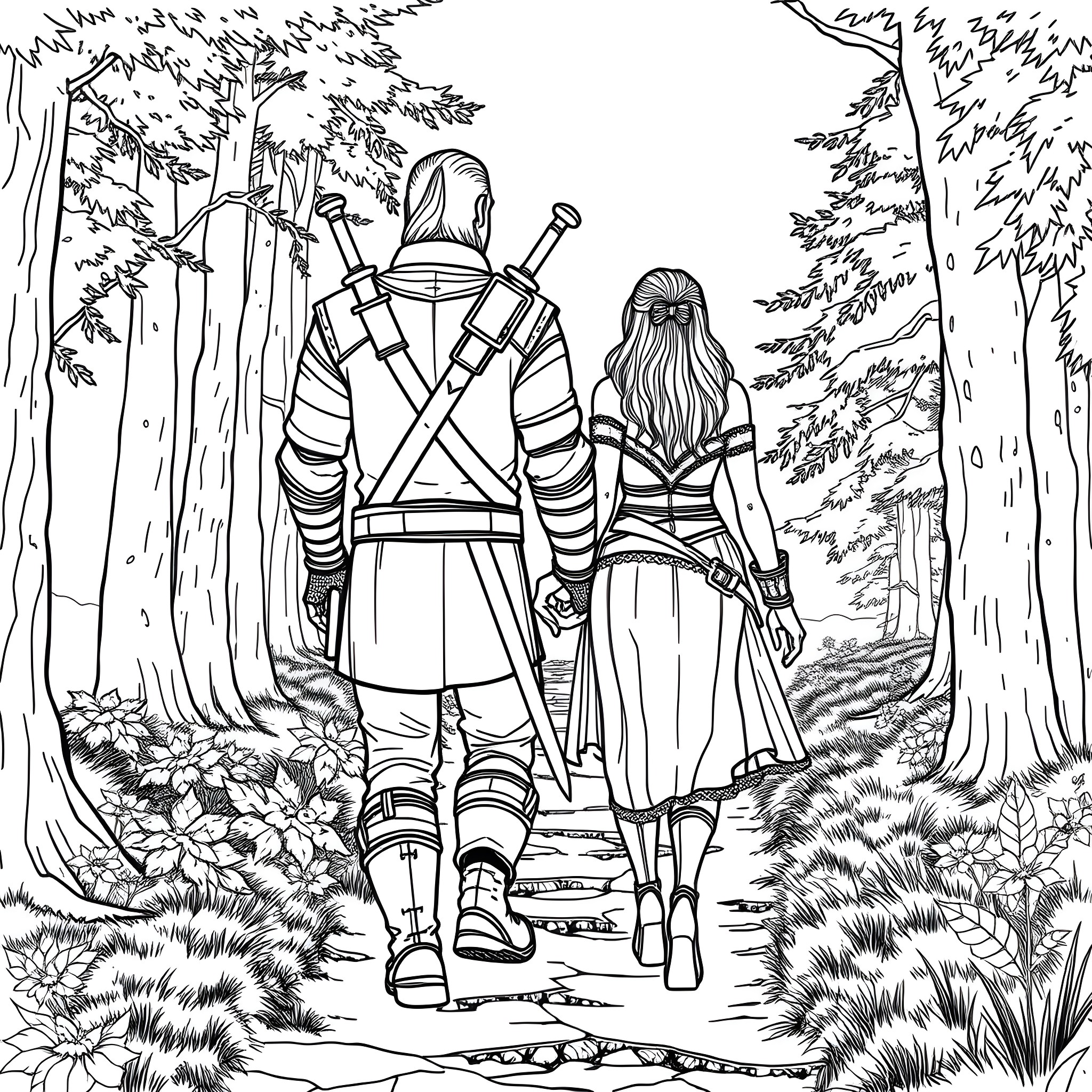 Geralt and Companion Explore the Enchanted Forest Coloring Page (free black-and-white line drawing printable PDF for all, from beginners to advanced learners, including children, teens, adults, and seniors)