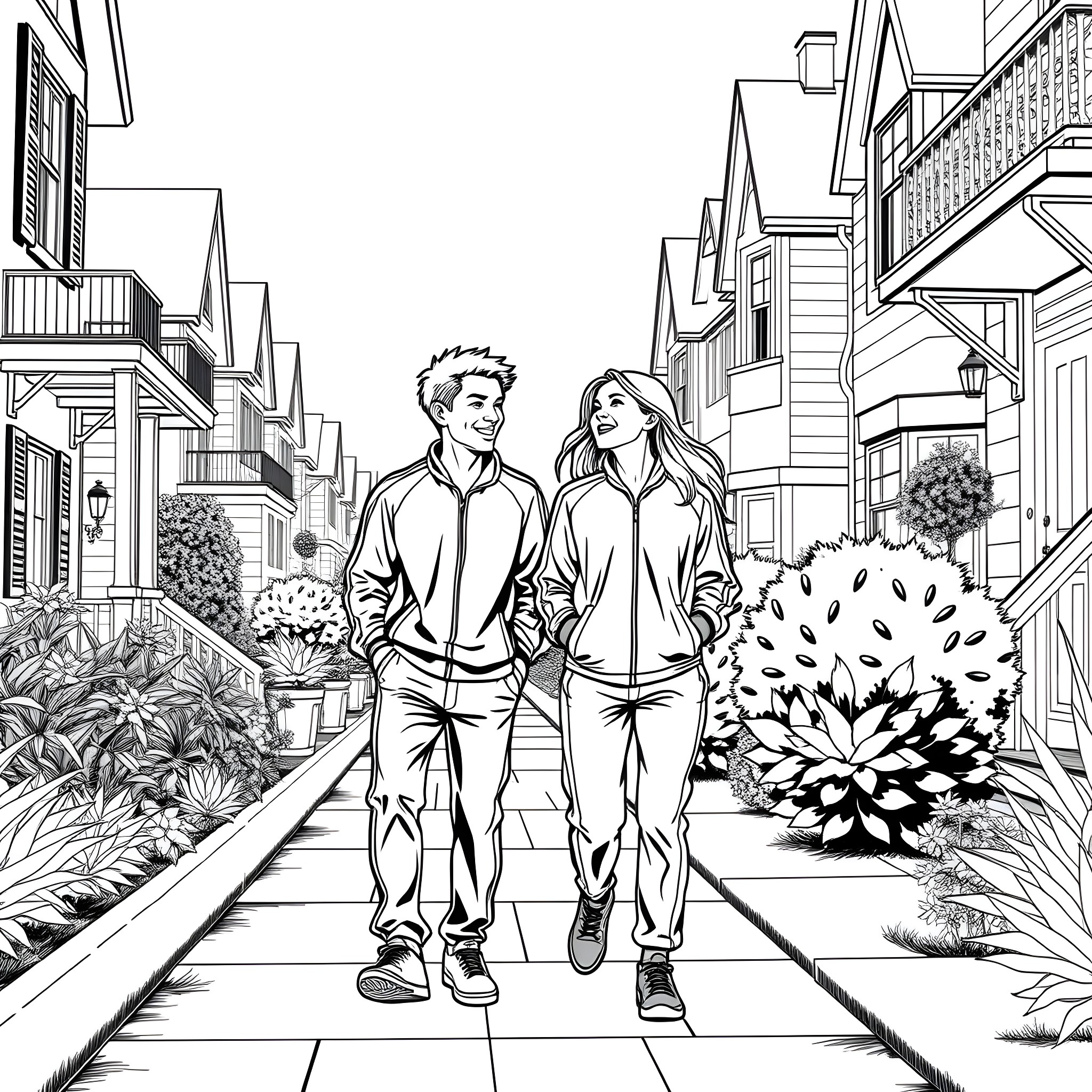 Teen couple strolling happily down the street Coloring Page (free black-and-white line drawing printable PDF for all, from beginners to advanced learners, including children, teens, adults, and seniors)