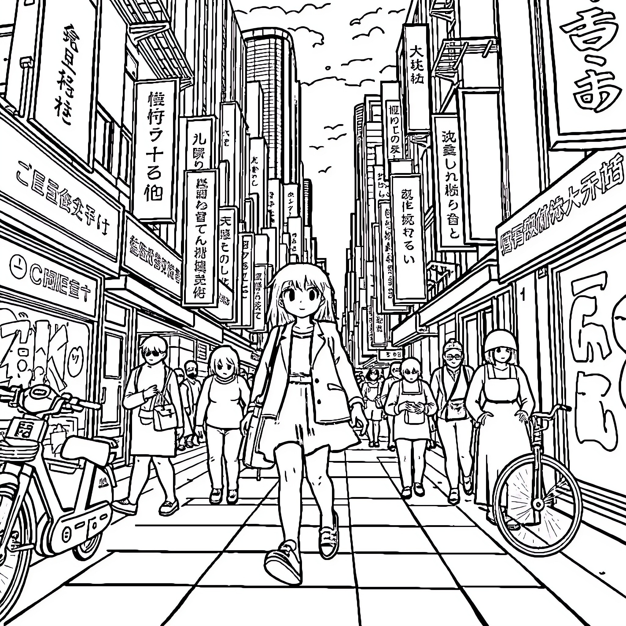 Nezuko explores the bustling city streets Coloring Page (free black-and-white line drawing printable PDF for all, from beginners to advanced learners, including children, teens, adults, and seniors)