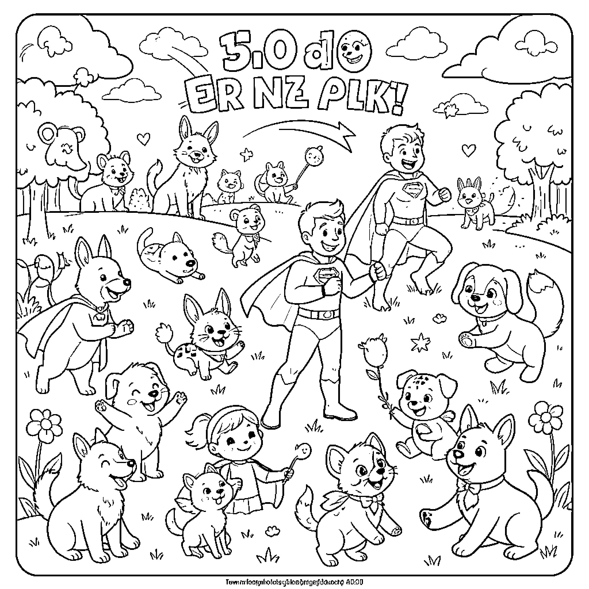 Drawing of animals and people playing happily outdoors Coloring Page (free black-and-white line drawing printable PDF for all, from beginners to advanced learners, including children, teens, adults, and seniors)