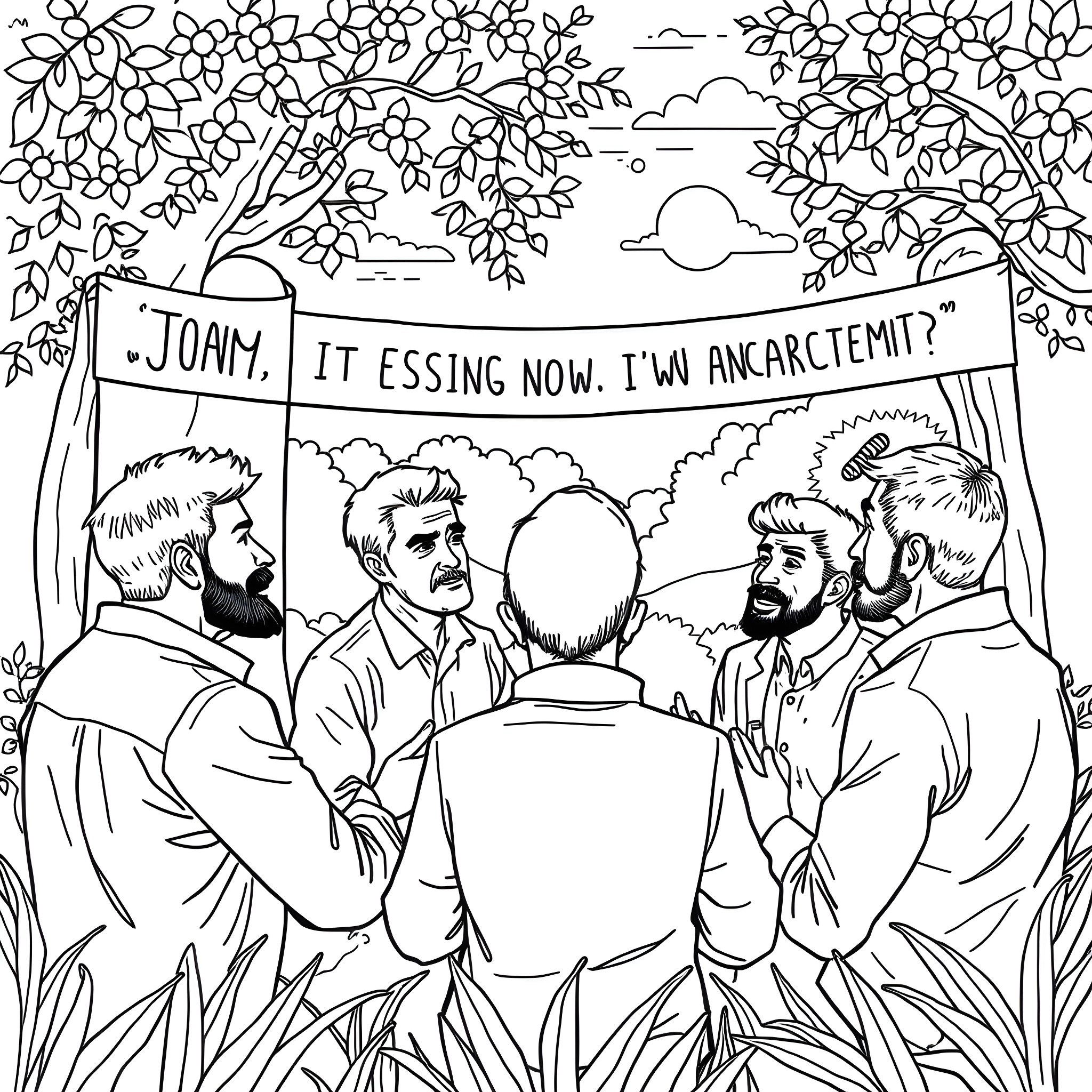 Men in casual conversation outdoors under trees Coloring Page (free black-and-white line drawing printable PDF for all, from beginners to advanced learners, including children, teens, adults, and seniors)