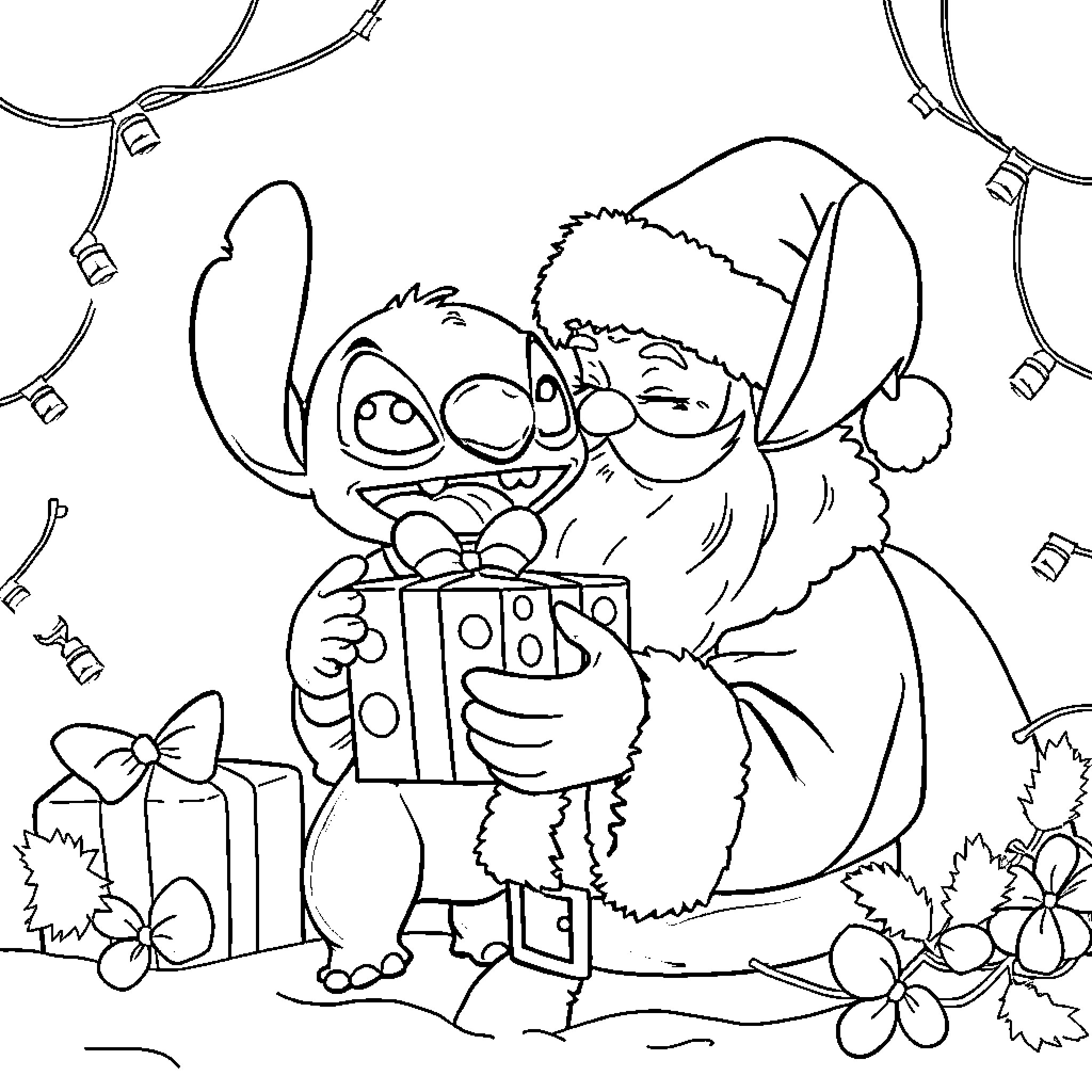 Stitch celebrating Christmas with gifts and decorations Coloring Page (free black-and-white line drawing printable PDF for all, from beginners to advanced learners, including children, teens, adults, and seniors)