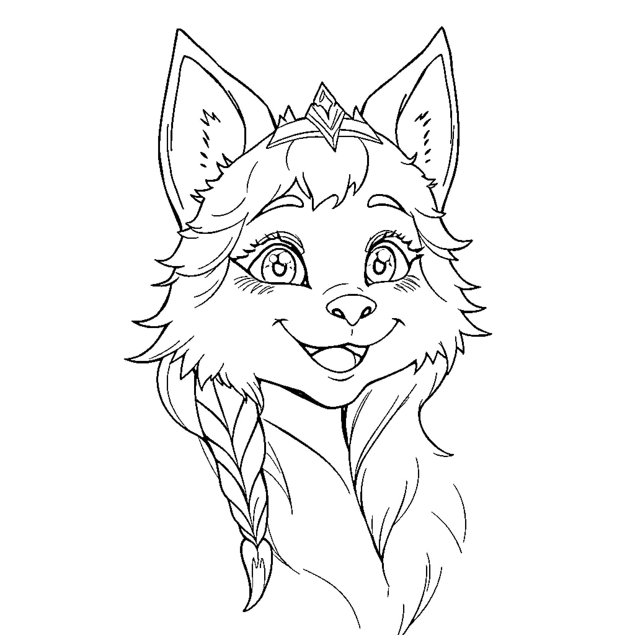 Raphtalia, the smiling anime wolf with a crown Coloring Page (free black-and-white line drawing printable PDF for all, from beginners to advanced learners, including children, teens, adults, and seniors)