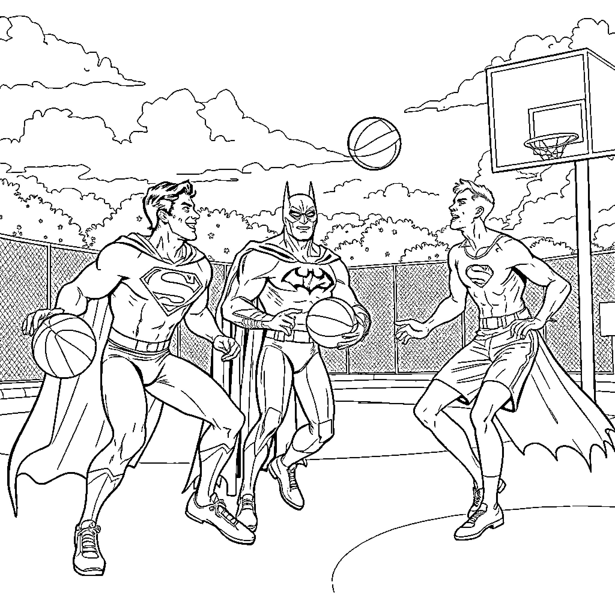 Superhero basketball game in the park Coloring Page (free black-and-white line drawing printable PDF for all, from beginners to advanced learners, including children, teens, adults, and seniors)