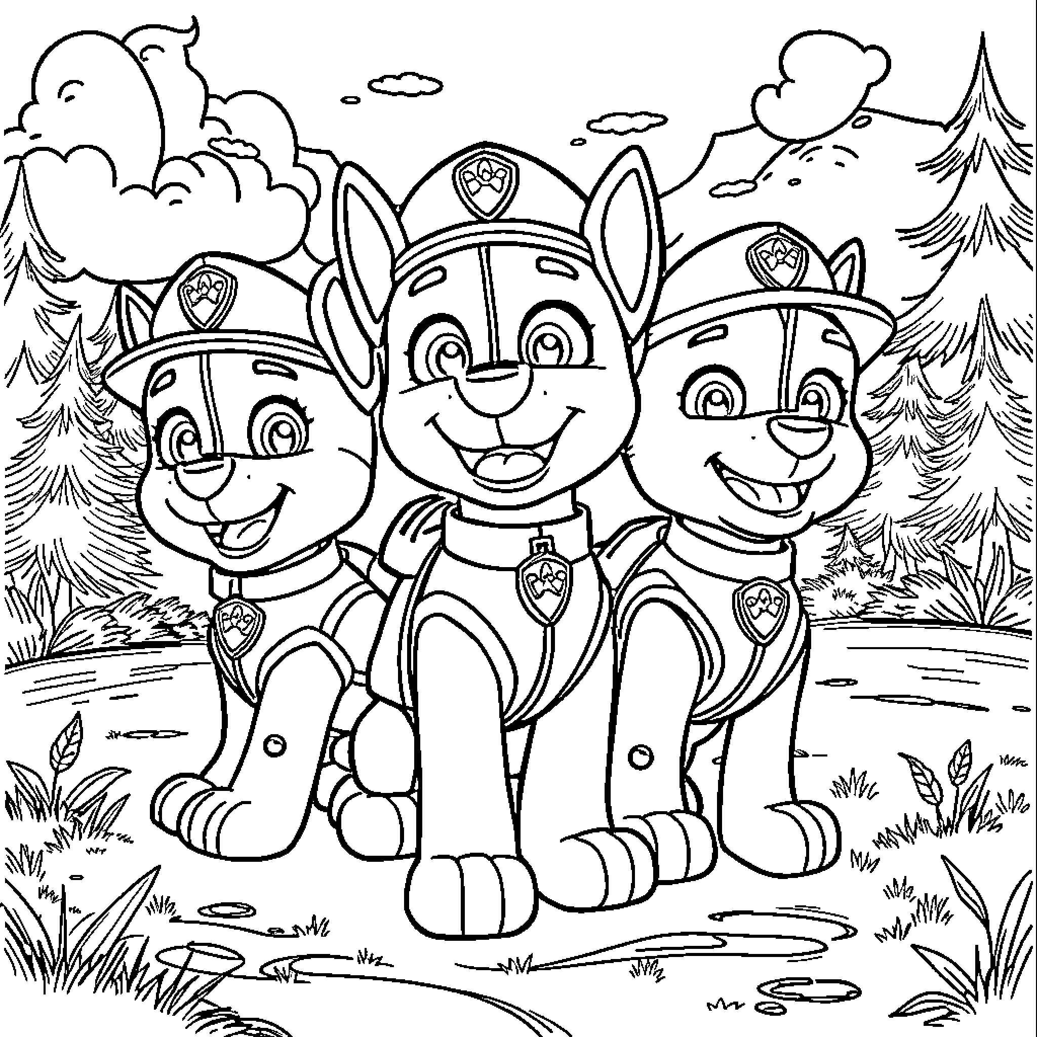 Paw Patrol puppies in a forest adventure Coloring Page (free black-and-white line drawing printable PDF for all, from beginners to advanced learners, including children, teens, adults, and seniors)