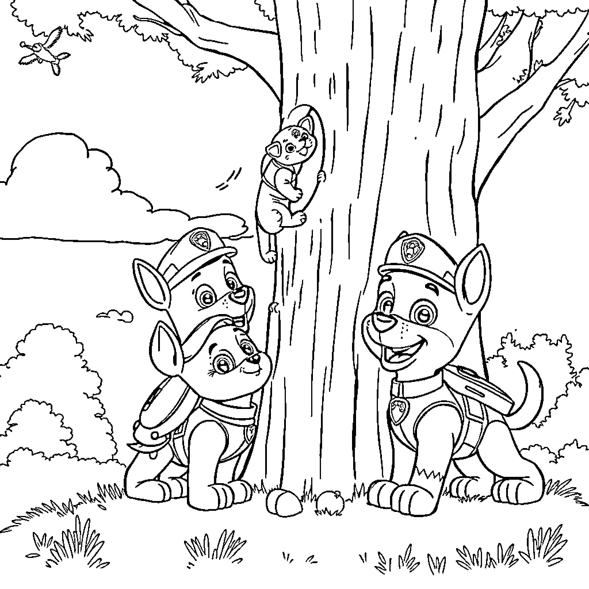 Paw Patrol Pups Adventure in the Woodland Coloring Page (free black-and-white line drawing printable PDF for all, from beginners to advanced learners, including children, teens, adults, and seniors)