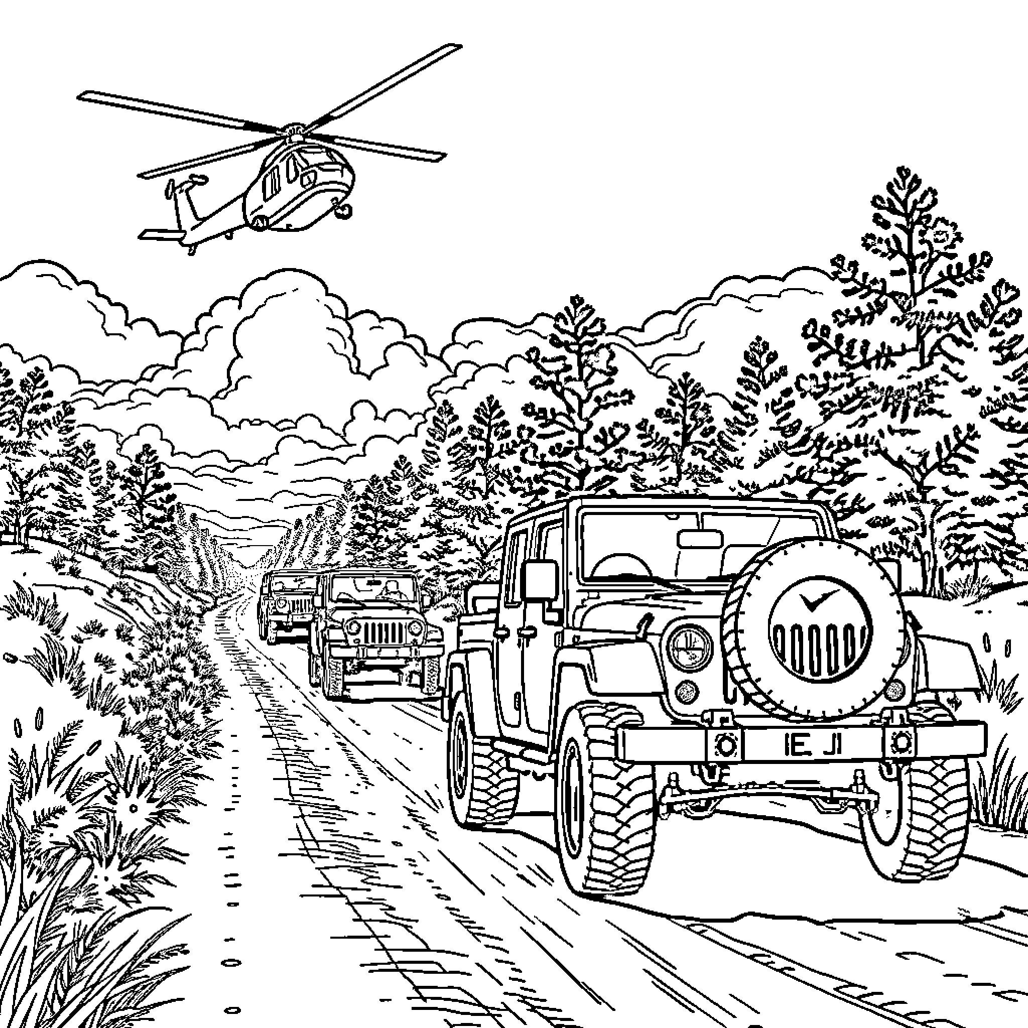 Vehicle off-road adventure in rugged terrain Coloring Page (free black-and-white line drawing printable PDF for all, from beginners to advanced learners, including children, teens, adults, and seniors)