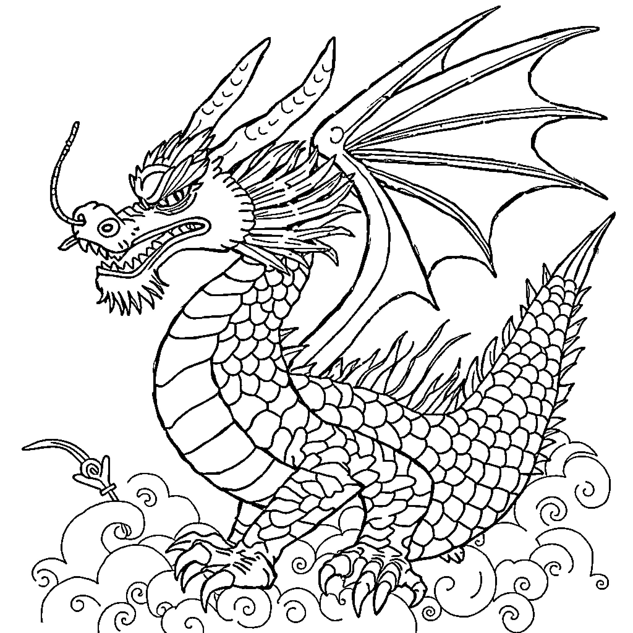 Dragon soaring through the clouds Coloring Page (free black-and-white line drawing printable PDF for all, from beginners to advanced learners, including children, teens, adults, and seniors)