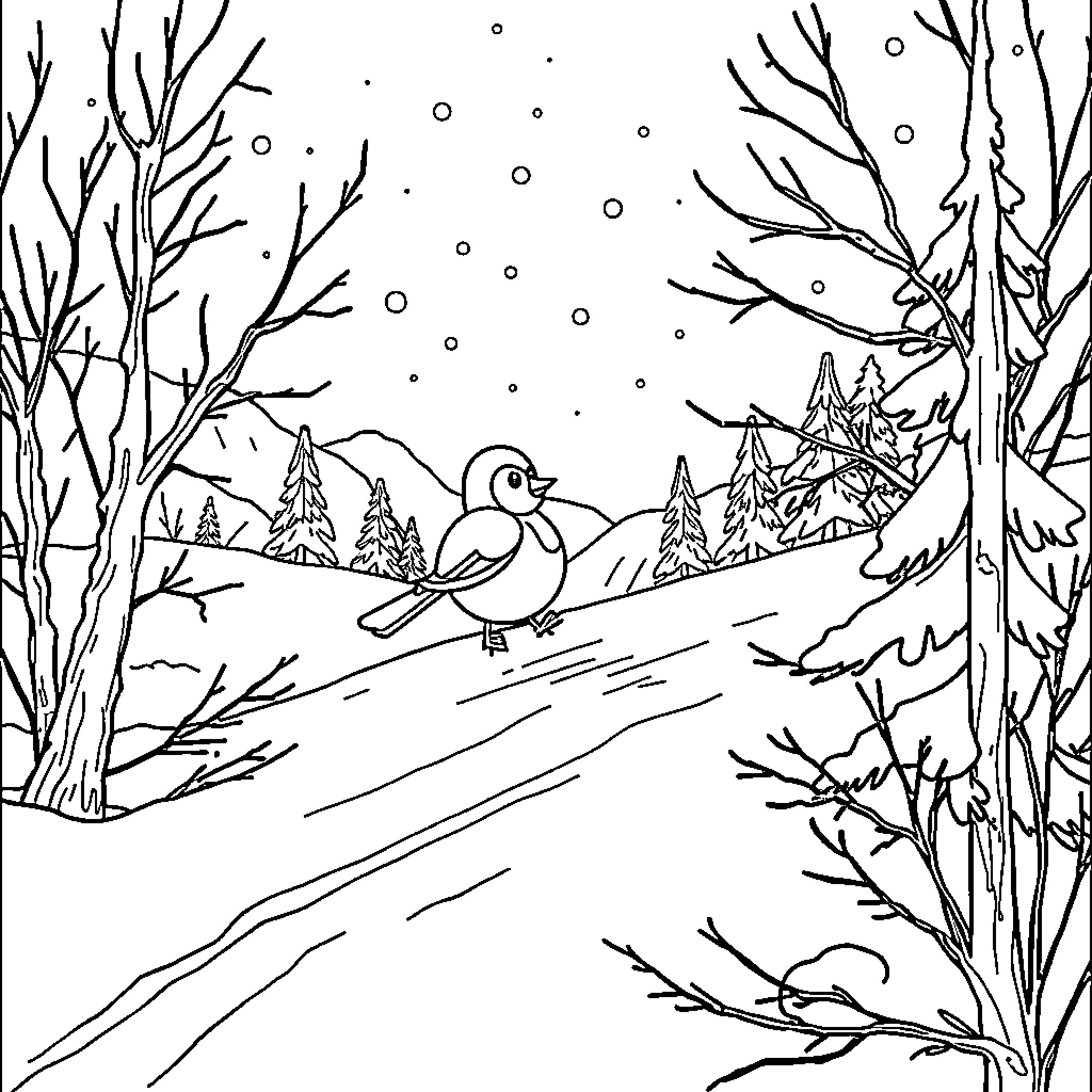 Paw Patrol style bird walking through a snowy landscape Coloring Page (free black-and-white line drawing printable PDF for all, from beginners to advanced learners, including children, teens, adults, and seniors)
