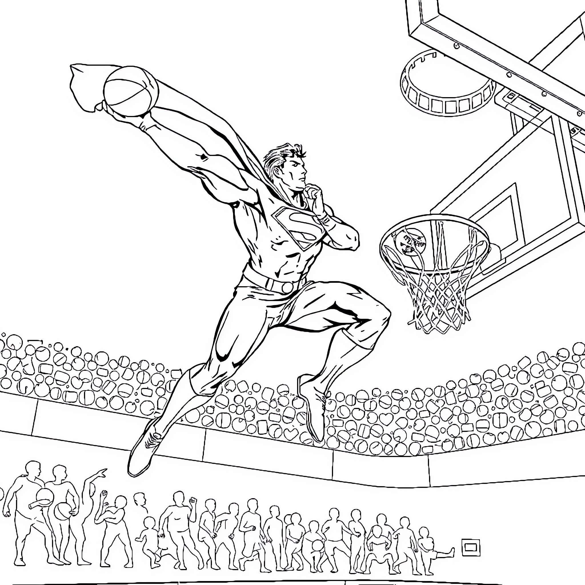 Superman in a basketball dunk exhibition Coloring Page (free black-and-white line drawing printable PDF for all, from beginners to advanced learners, including children, teens, adults, and seniors)