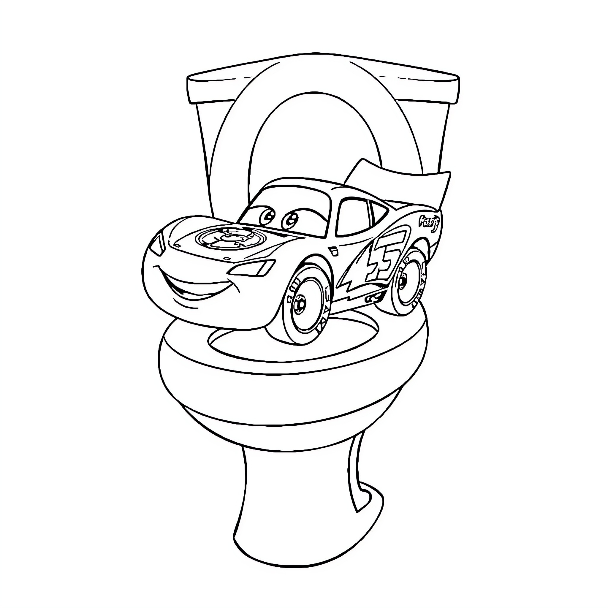 Flash McQueen sitting on the toilet Coloring Page (free black-and-white line drawing printable PDF for all, from beginners to advanced learners, including children, teens, adults, and seniors)
