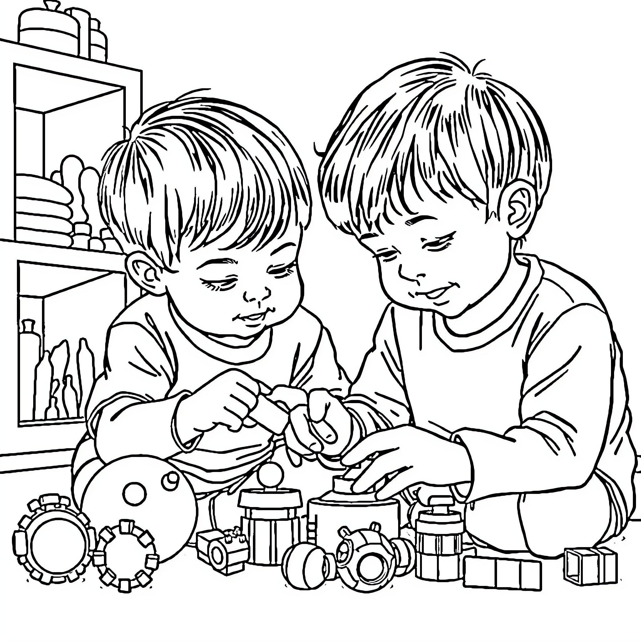 Kid brothers playing with toys in room Coloring Page (free black-and-white line drawing printable PDF for all, from beginners to advanced learners, including children, teens, adults, and seniors)