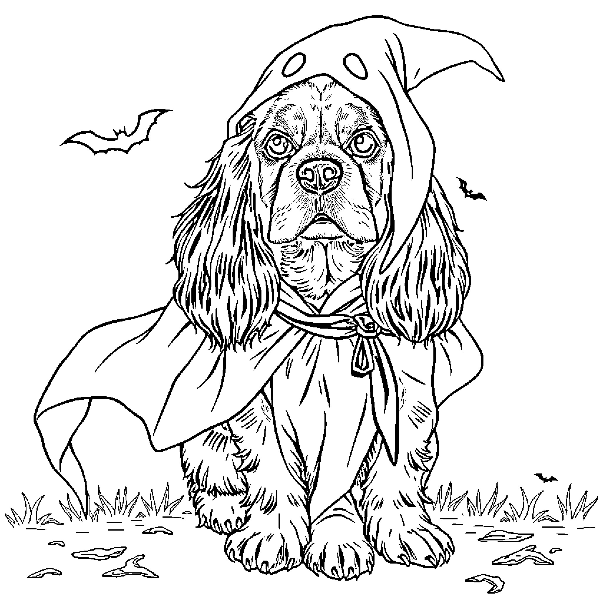 Cocker Spaniel in Halloween Costume Coloring Page (free black-and-white line drawing printable PDF for all, from beginners to advanced learners, including children, teens, adults, and seniors)