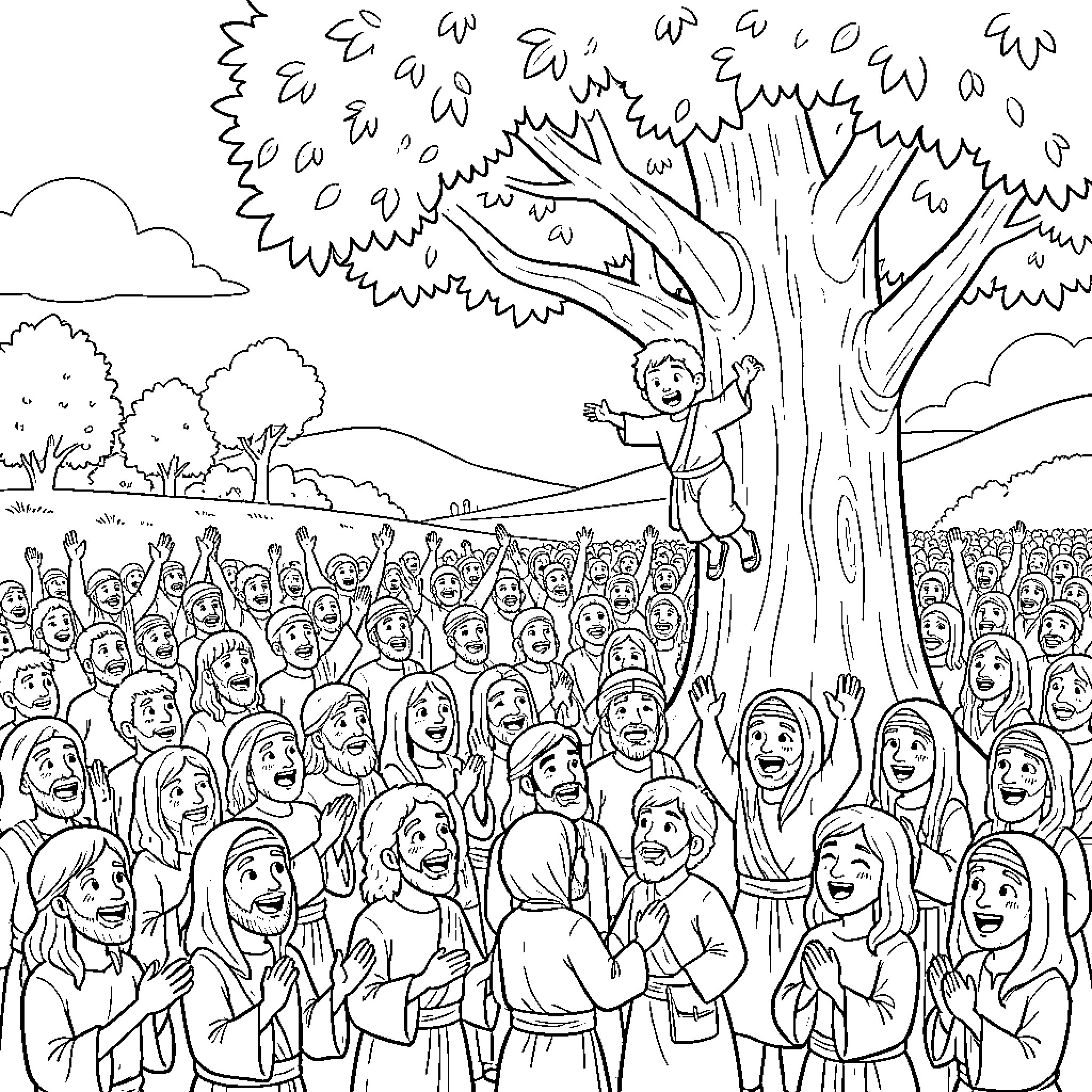 Zaqueo observing the crowd from the tree Coloring Page (free black-and-white line drawing printable PDF for all, from beginners to advanced learners, including children, teens, adults, and seniors)