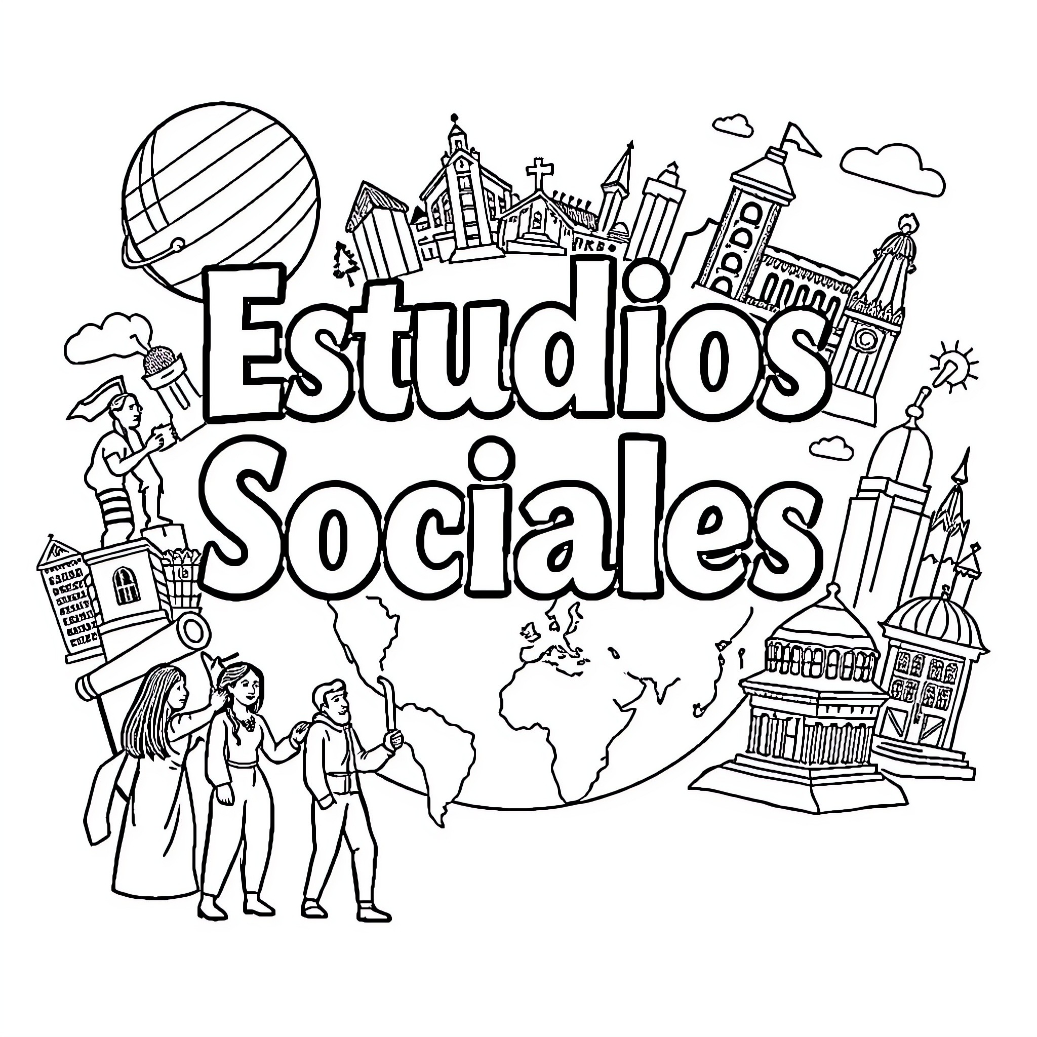 Social Studies Around the World Coloring Page (free black-and-white line drawing printable PDF for all, from beginners to advanced learners, including children, teens, adults, and seniors)