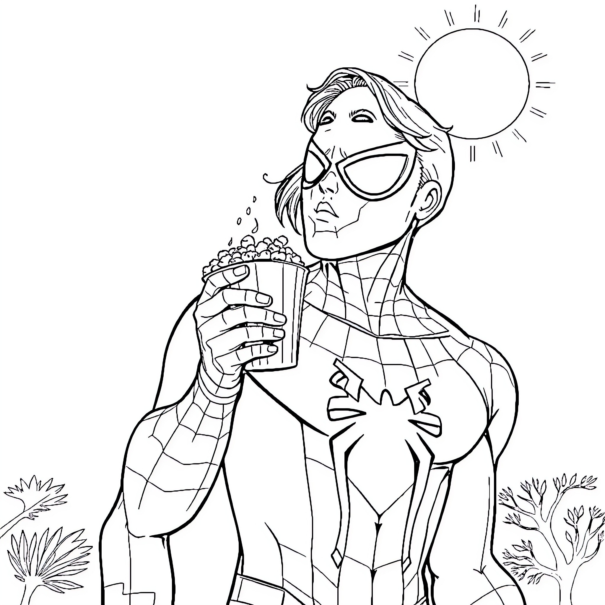 Woman in colorful costume enjoying a beverage Coloring Page (free black-and-white line drawing printable PDF for all, from beginners to advanced learners, including children, teens, adults, and seniors)
