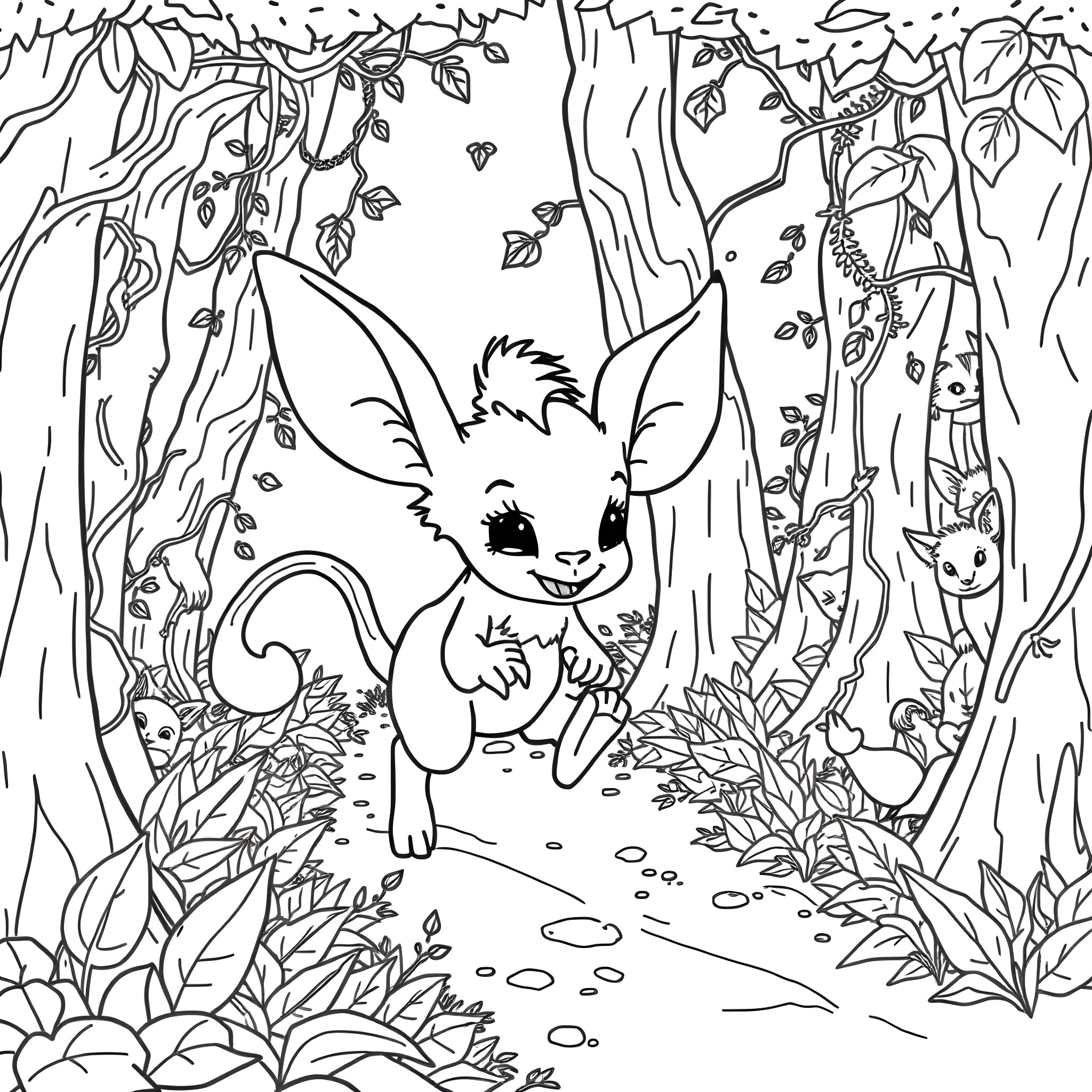 Labubu's Forest Adventure Coloring Page (free black-and-white line drawing printable PDF for all, from beginners to advanced learners, including children, teens, adults, and seniors)
