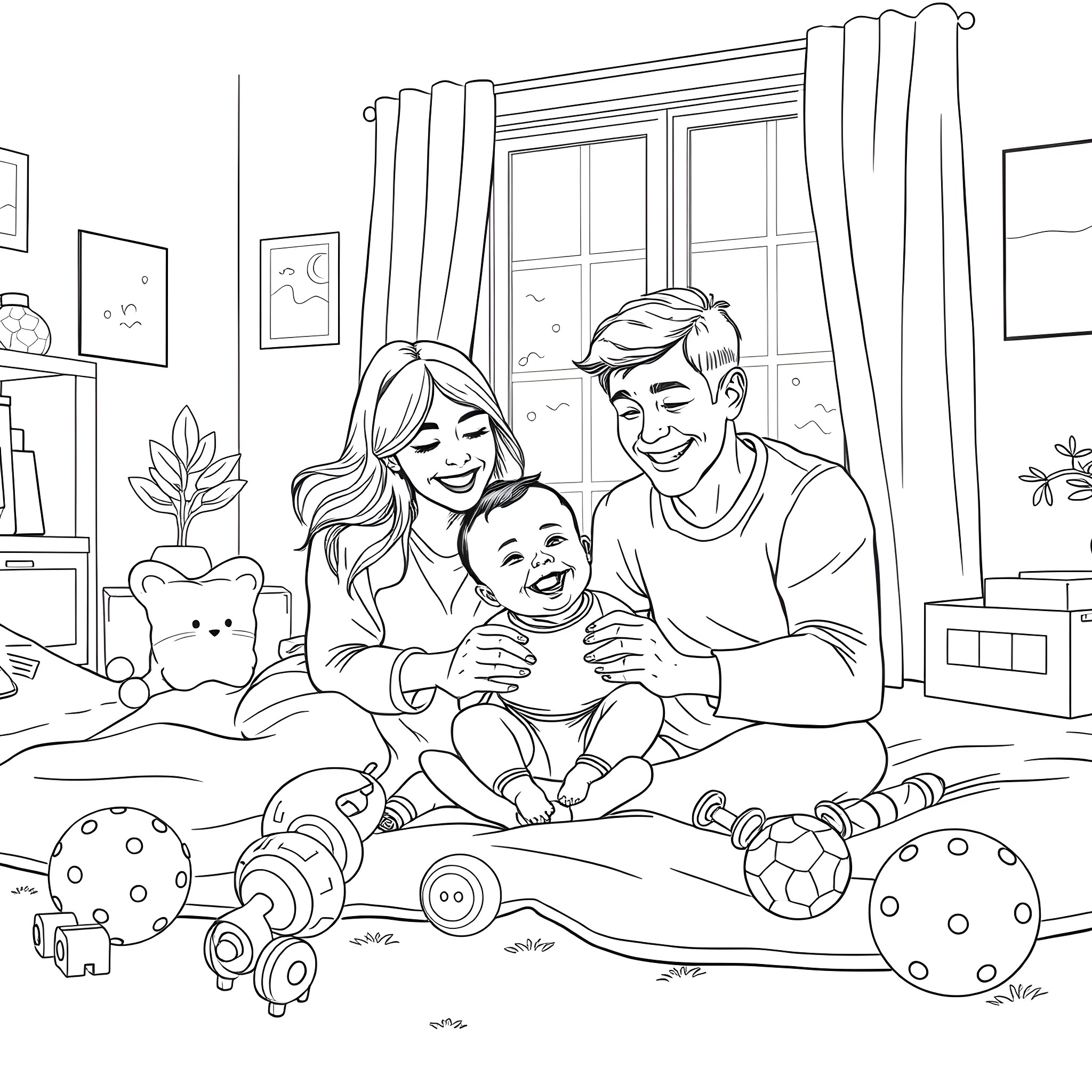 Family enjoying quality time at home Coloring Page (free black-and-white line drawing printable PDF for all, from beginners to advanced learners, including children, teens, adults, and seniors)