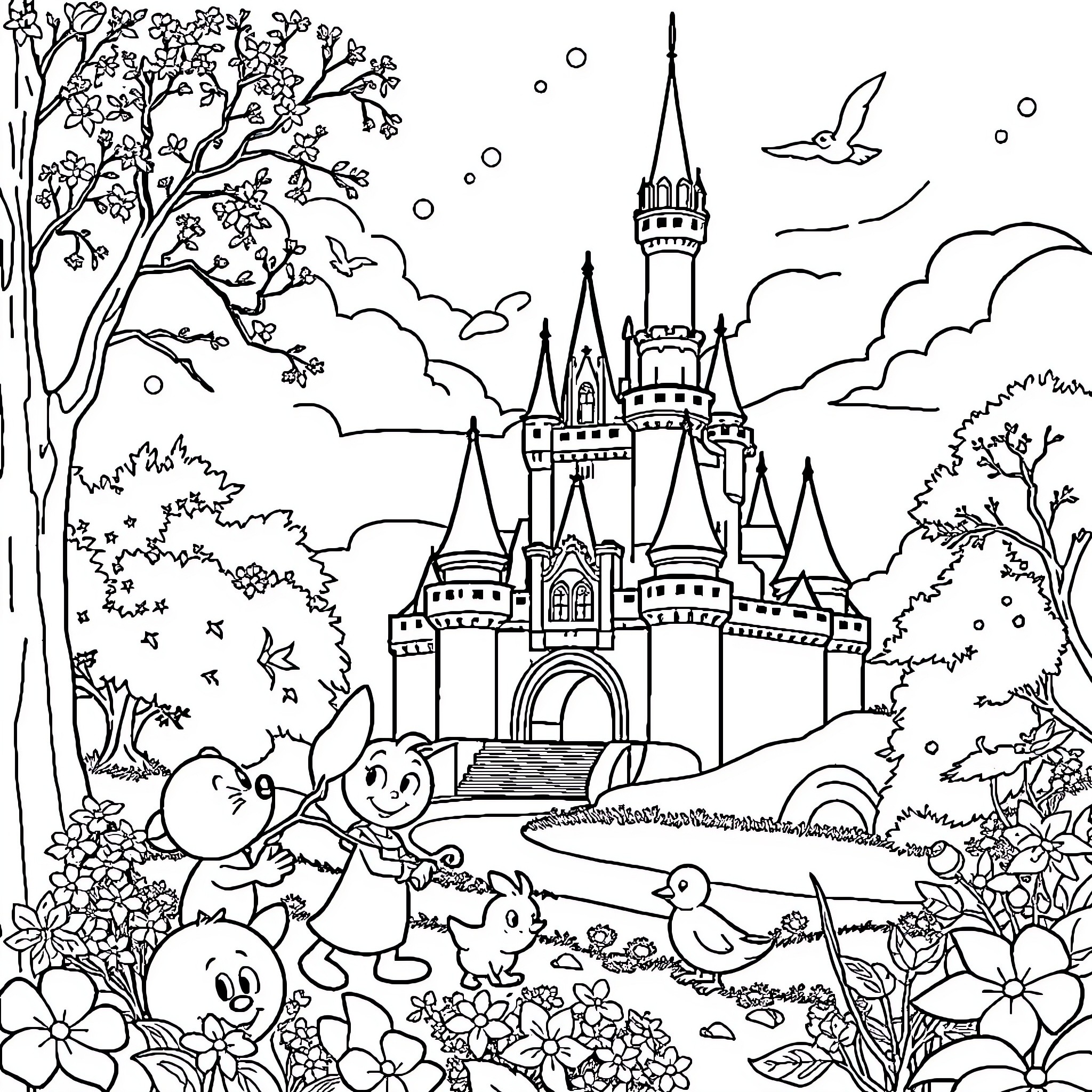Disney Landscape with Whimsical Characters and Castle Coloring Page (free black-and-white line drawing printable PDF for all, from beginners to advanced learners, including children, teens, adults, and seniors)