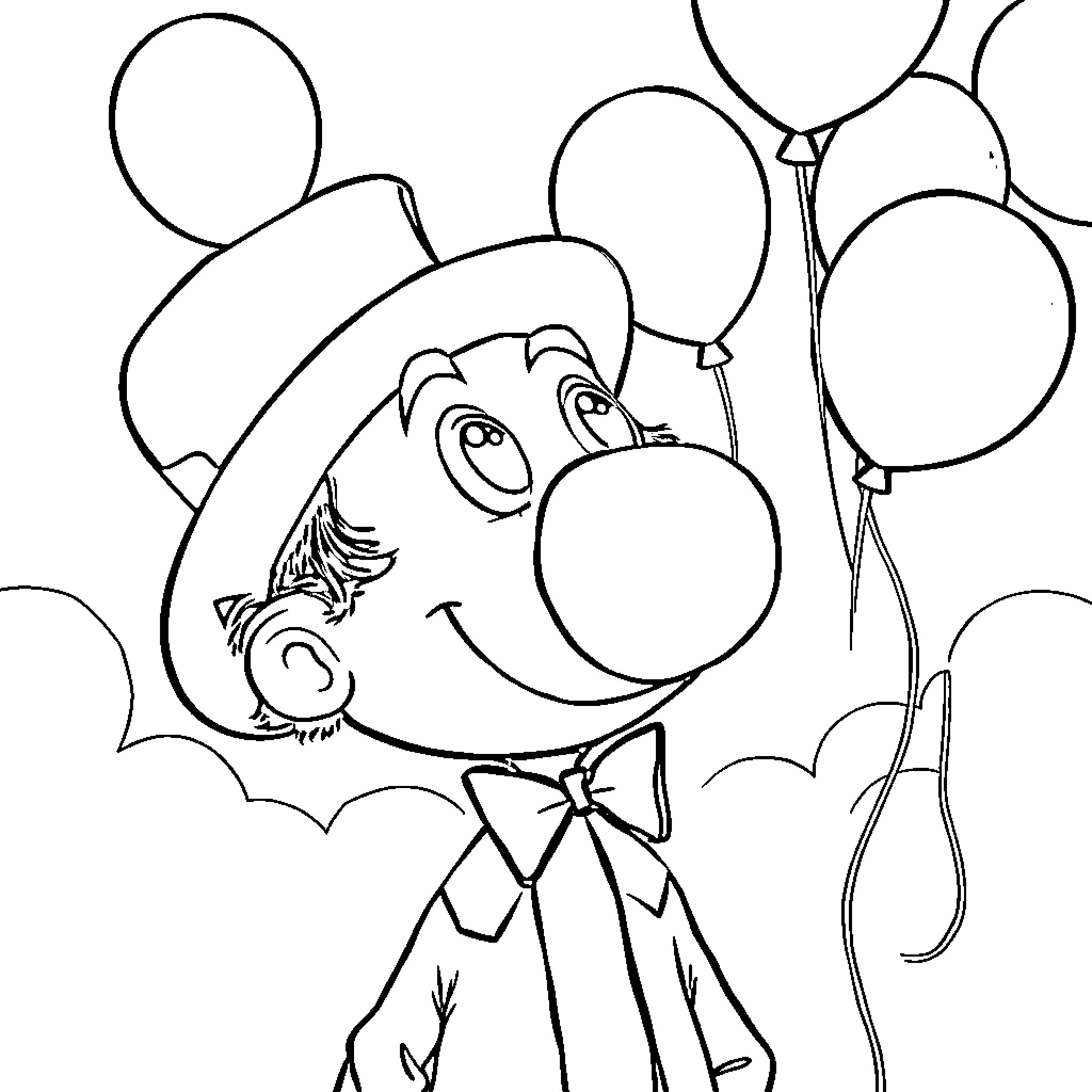 Monsieur O's Balloon Adventure Coloring Page (free black-and-white line drawing printable PDF for all, from beginners to advanced learners, including children, teens, adults, and seniors)