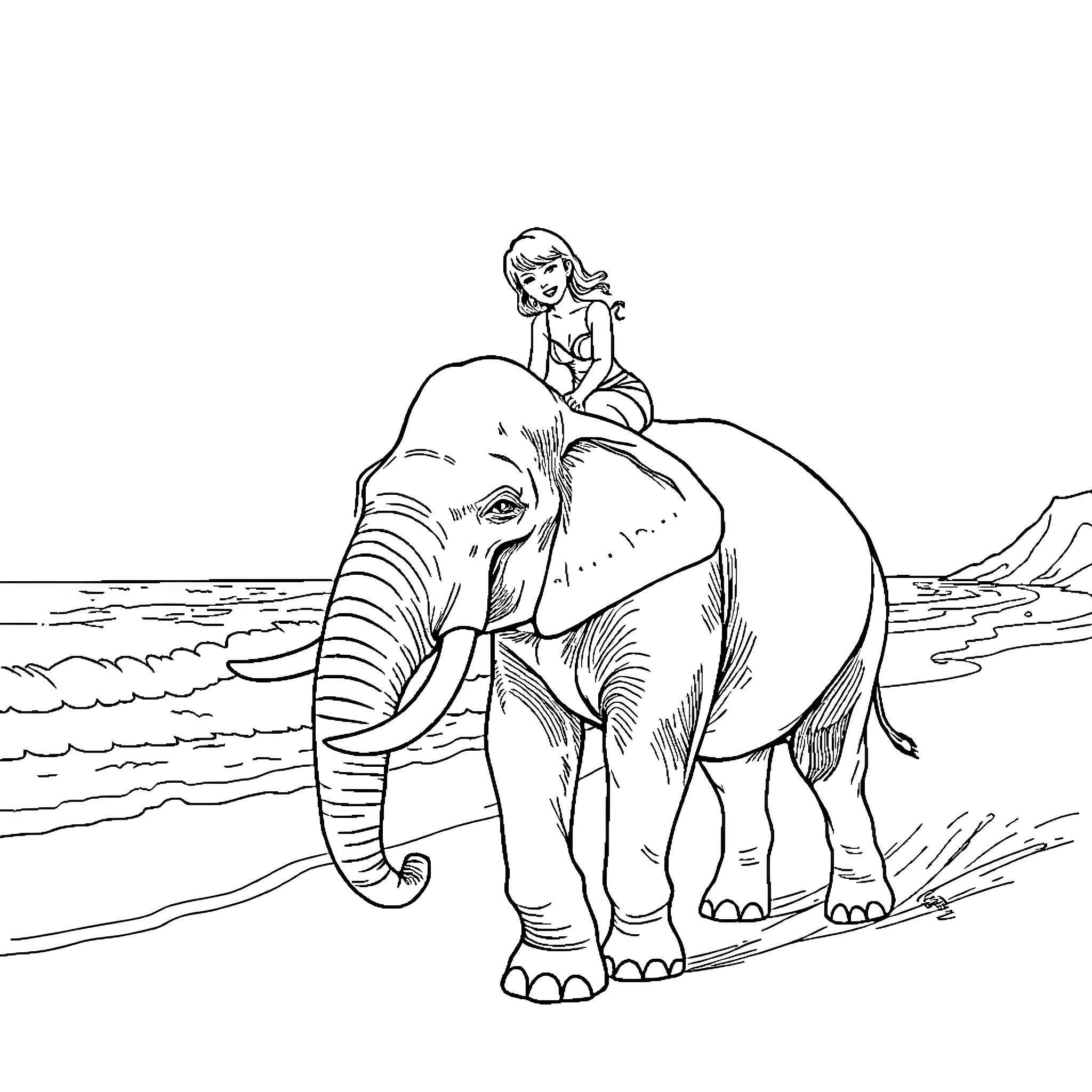 Elephant giving a girl a ride on the beach Coloring Page (free black-and-white line drawing printable PDF for all, from beginners to advanced learners, including children, teens, adults, and seniors)