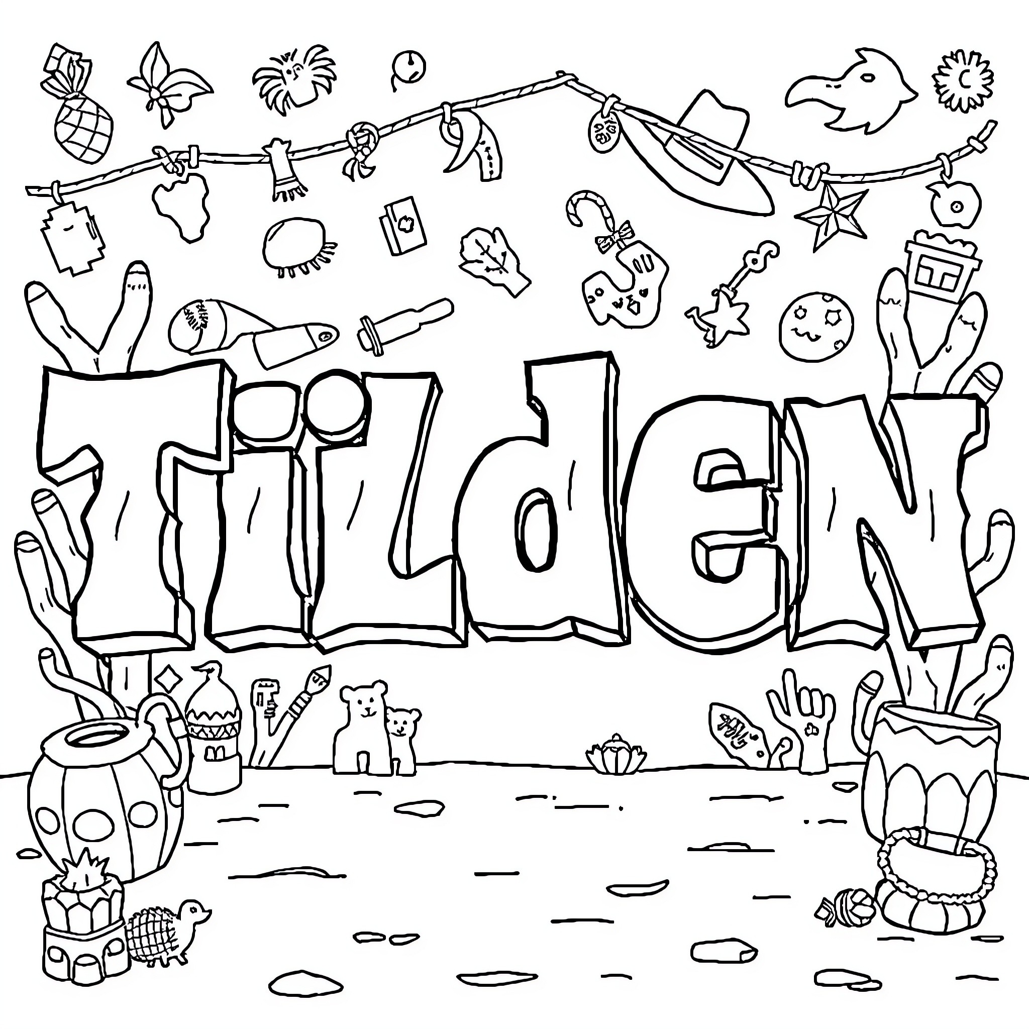 Tilden's Whimsical World of Doodles Coloring Page (free black-and-white line drawing printable PDF for all, from beginners to advanced learners, including children, teens, adults, and seniors)