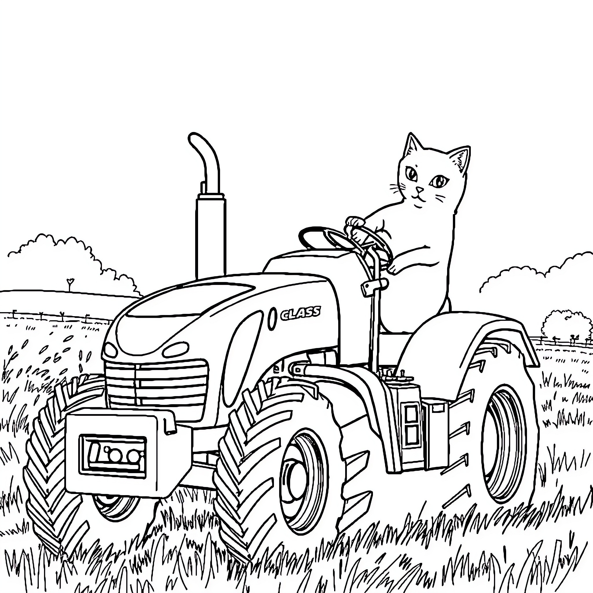 Cat riding a tractor in the countryside Coloring Page (free black-and-white line drawing printable PDF for all, from beginners to advanced learners, including children, teens, adults, and seniors)