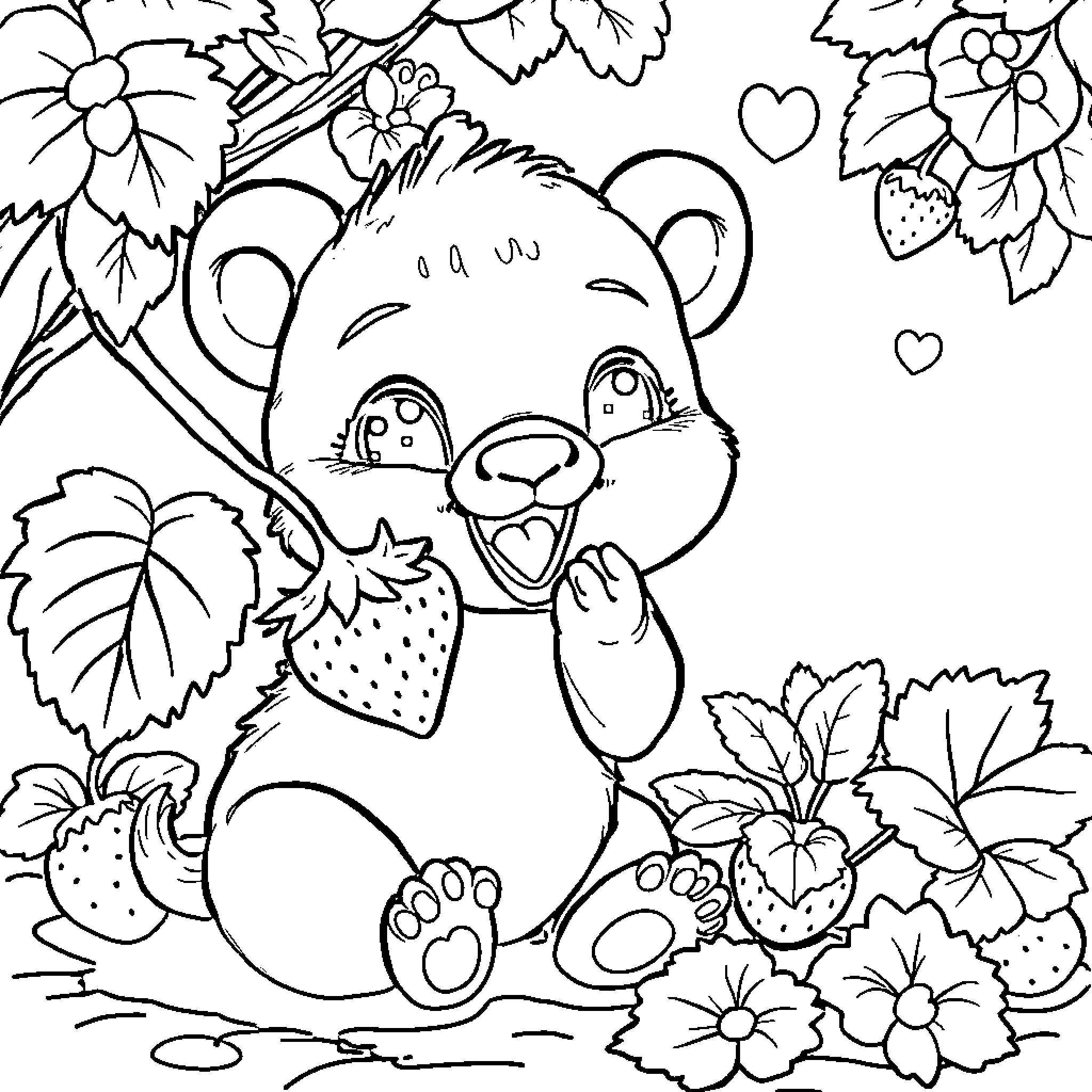 Labubu's Strawberry Adventure Coloring Page (free black-and-white line drawing printable PDF for all, from beginners to advanced learners, including children, teens, adults, and seniors)
